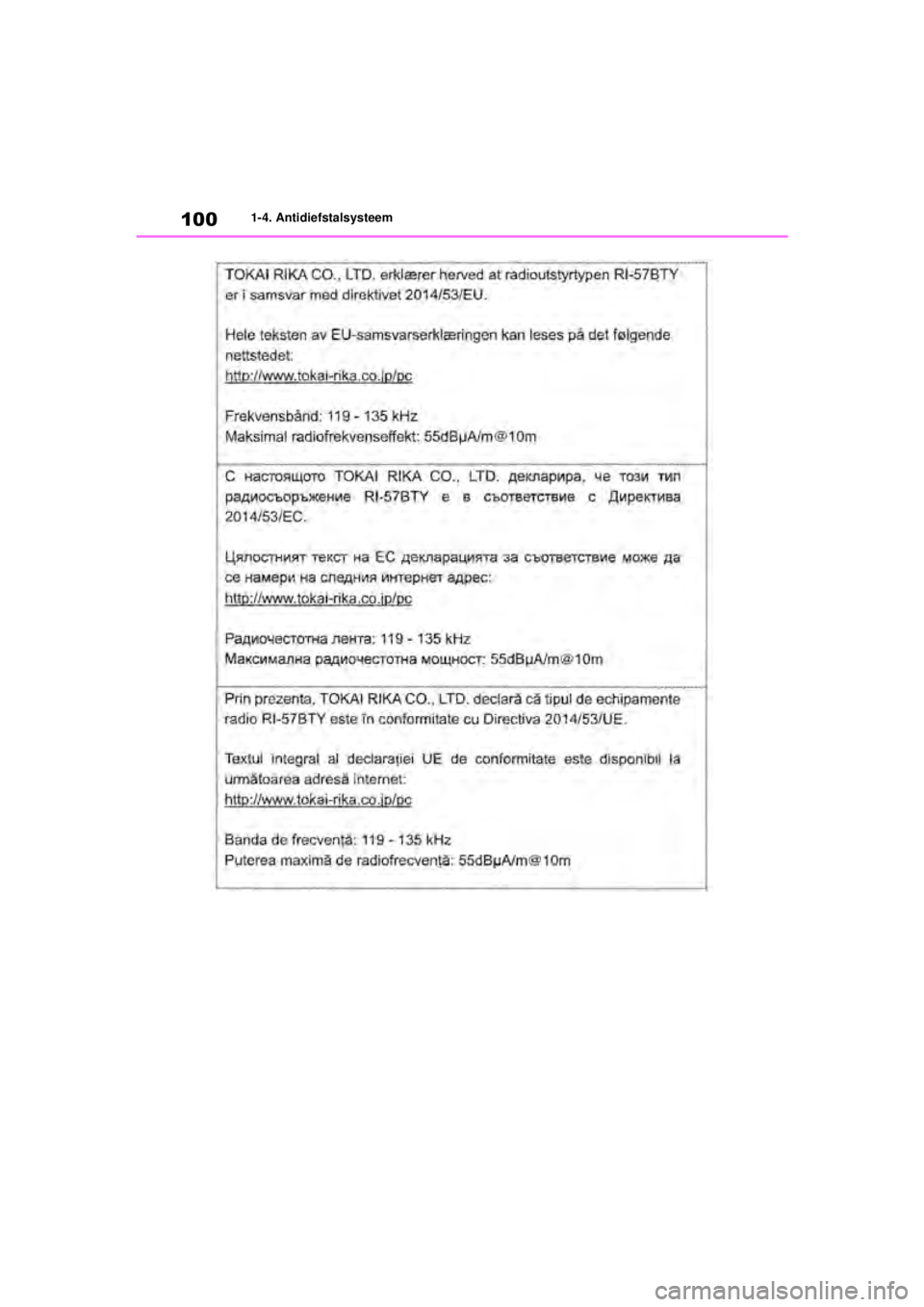 TOYOTA COROLLA HATCHBACK 2020  Instructieboekje (in Dutch) 100
COROLLA_TMUK_EE1-4. Antidiefstalsysteem
COROLLA(TMUK)_OM_Europe_OM12N21E.book  Page
 100  Thursday, October 24, 2019  2:54 PM 