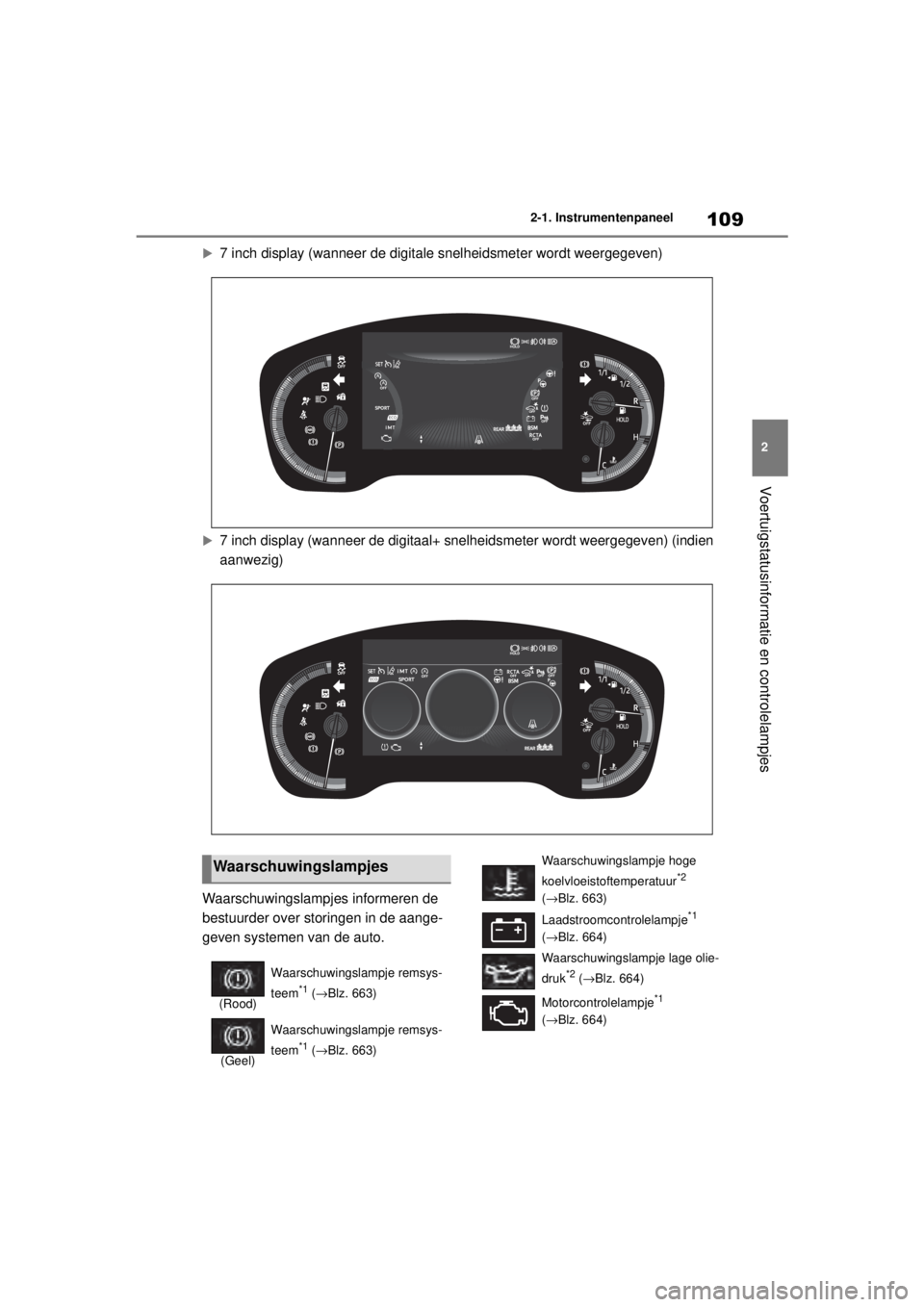 TOYOTA COROLLA HATCHBACK 2020 Instructieboekje (in Dutch) 109
2
COROLLA_TMUK_EE 2-1. Instrumentenpaneel
Voertuigstatusinformatie en controlelampjes
7 inch display (wanneer de digitale snelheidsmeter wordt weergegeven)
7 inch display (wanneer de digitaa TOYOTA COROLLA HATCHBACK 2020 Instructieboekje (in Dutch) 109
2
COROLLA_TMUK_EE 2-1. Instrumentenpaneel
Voertuigstatusinformatie en controlelampjes
7 inch display (wanneer de digitale snelheidsmeter wordt weergegeven)
7 inch display (wanneer de digitaa