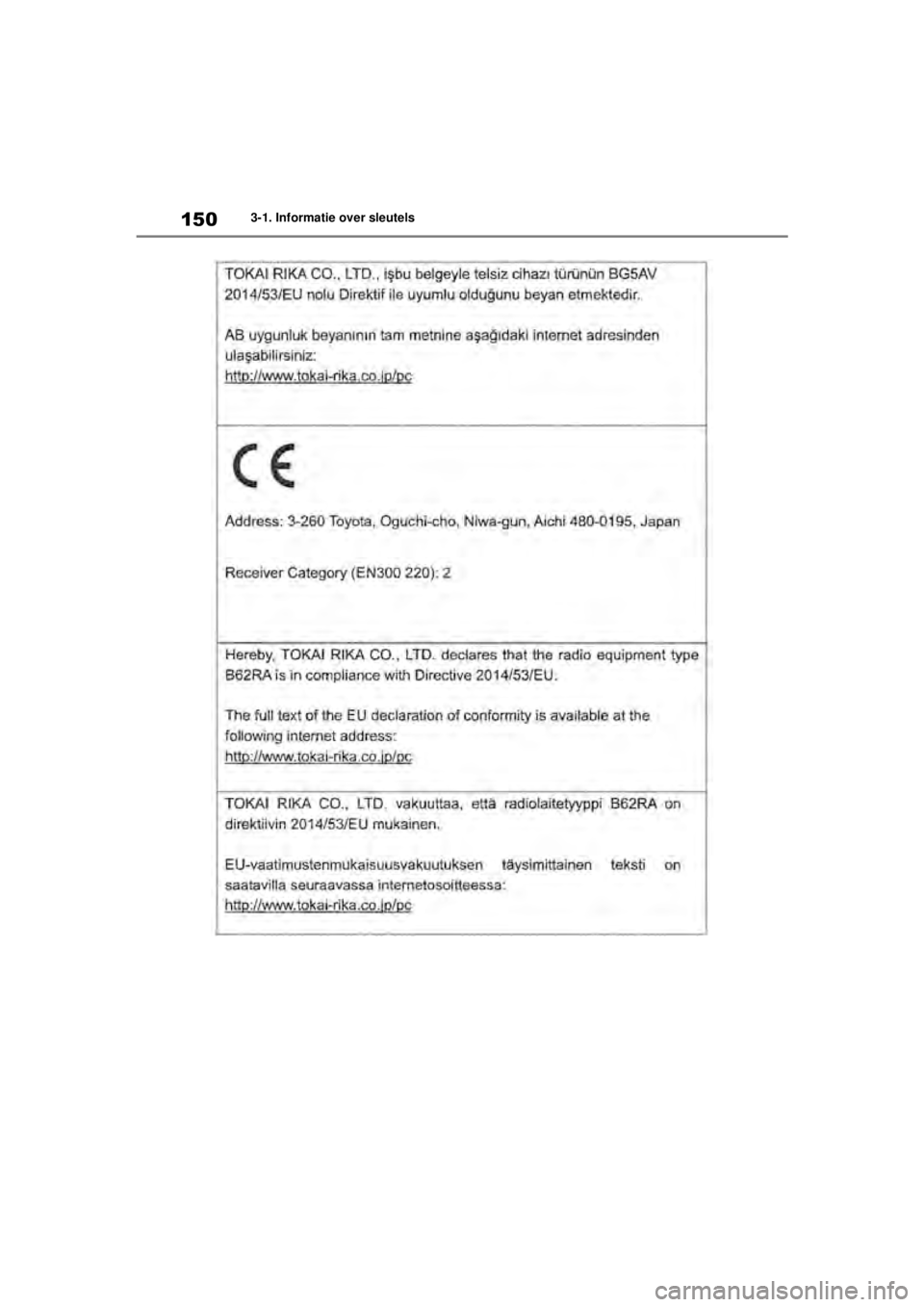 TOYOTA COROLLA HATCHBACK 2020  Instructieboekje (in Dutch) 150
COROLLA_TMUK_EE3-1. Informatie over sleutels
COROLLA(TMUK)_OM_Europe_OM12N21E.book  Page
 150  Thursday, October 24, 2019  2:54 PM 