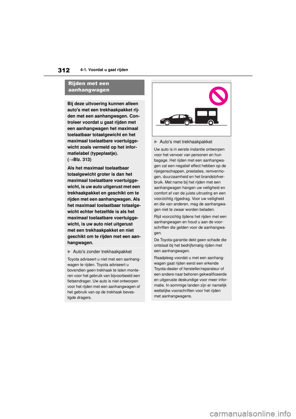 TOYOTA COROLLA HATCHBACK 2020  Instructieboekje (in Dutch) 312
COROLLA_TMUK_EE4-1. Voordat u gaat rijden
Rijden met een 
aanhangwagen
Bij deze uitvoering kunnen alleen 
autos met een trekhaakpakket rij-
den met een aanhangwagen. Con-
troleer voordat u gaat r