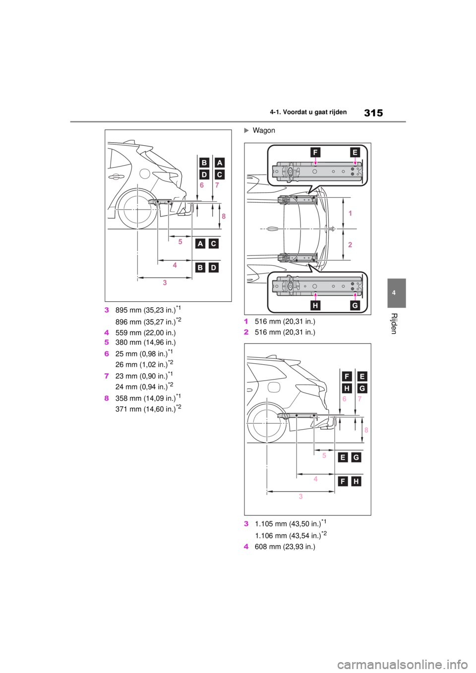 TOYOTA COROLLA HATCHBACK 2020  Instructieboekje (in Dutch) 315
4
COROLLA_TMUK_EE 4-1. Voordat u gaat rijden
Rijden3
895 mm (35,23 in.)*1
896 mm (35,27 in.)*2
4559 mm (22,00 in.)
5 380 mm (14,96 in.)
6 25 mm (0,98 in.)
*1
26 mm (1,02 in.)*2
723 mm (0,90 in.)*1