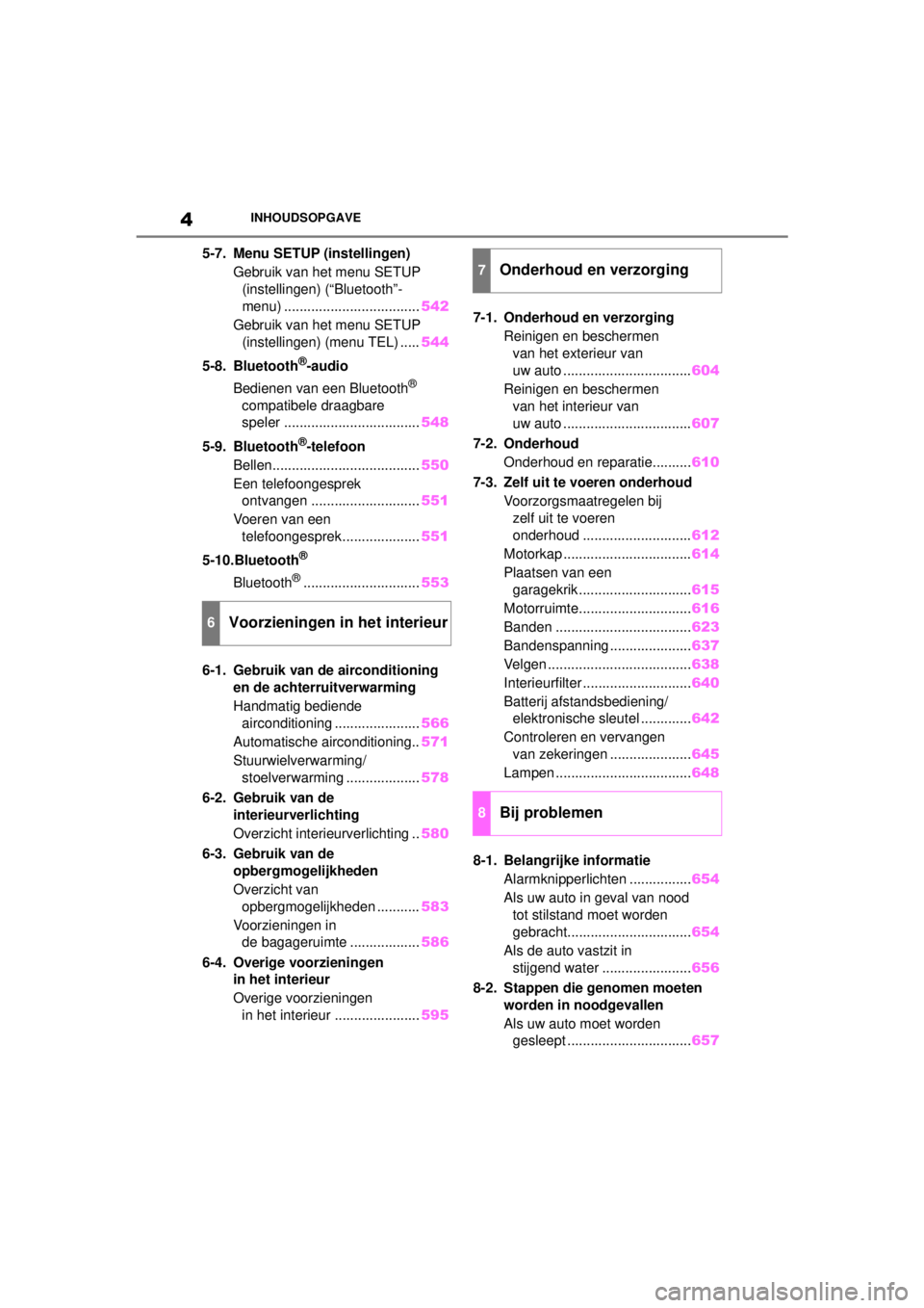 TOYOTA COROLLA HATCHBACK 2020  Instructieboekje (in Dutch) 4
COROLLA_TMUK_EEINHOUDSOPGAVE
5-7. Menu SETUP 
(instellingen)
Gebruik van het menu SETUP  (instellingen) (“Bluetooth”-
menu) ................................... 542
Gebruik van het menu SETUP  (i