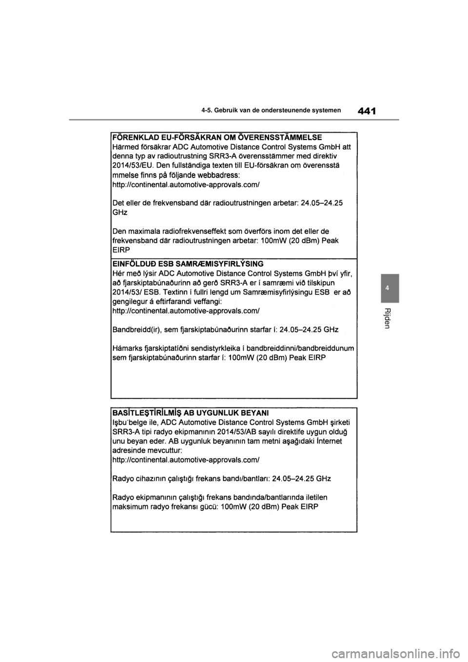 TOYOTA COROLLA HATCHBACK 2020 Instructieboekje (in Dutch) 441
4
COROLLA_TMUK_EE 4-5. Gebruik van de ondersteunende systemen
Rijden
COROLLA(TMUK)_OM_Europe_OM12N21E.book Page
441 Thursday, October 24, 2019 2:54 PM TOYOTA COROLLA HATCHBACK 2020 Instructieboekje (in Dutch) 441
4
COROLLA_TMUK_EE 4-5. Gebruik van de ondersteunende systemen
Rijden
COROLLA(TMUK)_OM_Europe_OM12N21E.book Page
441 Thursday, October 24, 2019 2:54 PM