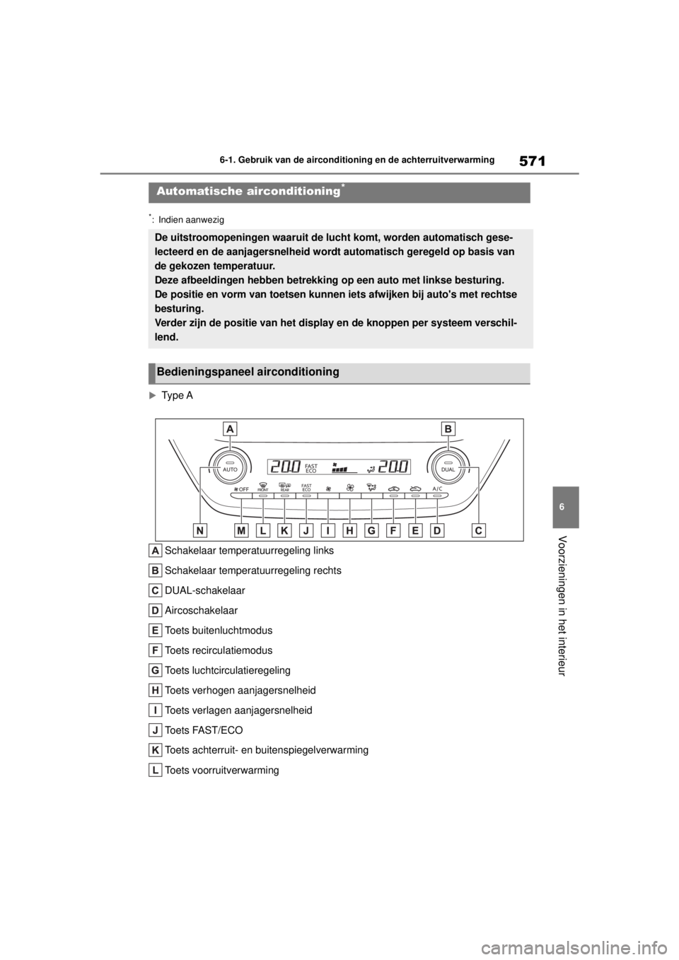 TOYOTA COROLLA HATCHBACK 2020 Instructieboekje (in Dutch) 571
6
COROLLA_TMUK_EE 6-1. Gebruik van de airconditioning en de achterruitverwarming
Voorzieningen in het interieur
*: Indien aanwezig
Type A Schakelaar temperatuurregeling links
Schakelaar temper TOYOTA COROLLA HATCHBACK 2020 Instructieboekje (in Dutch) 571
6
COROLLA_TMUK_EE 6-1. Gebruik van de airconditioning en de achterruitverwarming
Voorzieningen in het interieur
*: Indien aanwezig
Type A Schakelaar temperatuurregeling links
Schakelaar temper