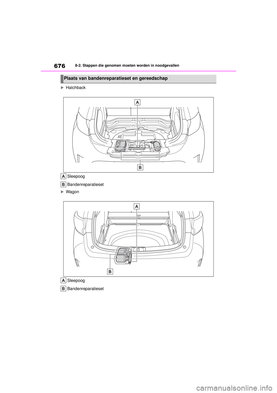 TOYOTA COROLLA HATCHBACK 2020 Instructieboekje (in Dutch) 676
COROLLA_TMUK_EE8-2. Stappen die genomen moeten worden in noodgevallen
Hatchback
Sleepoog
Bandenreparatieset
WagonSleepoog
Bandenreparatieset
Plaats van bandenreparatieset en gereedschap
COR TOYOTA COROLLA HATCHBACK 2020 Instructieboekje (in Dutch) 676
COROLLA_TMUK_EE8-2. Stappen die genomen moeten worden in noodgevallen
Hatchback
Sleepoog
Bandenreparatieset
WagonSleepoog
Bandenreparatieset
Plaats van bandenreparatieset en gereedschap
COR