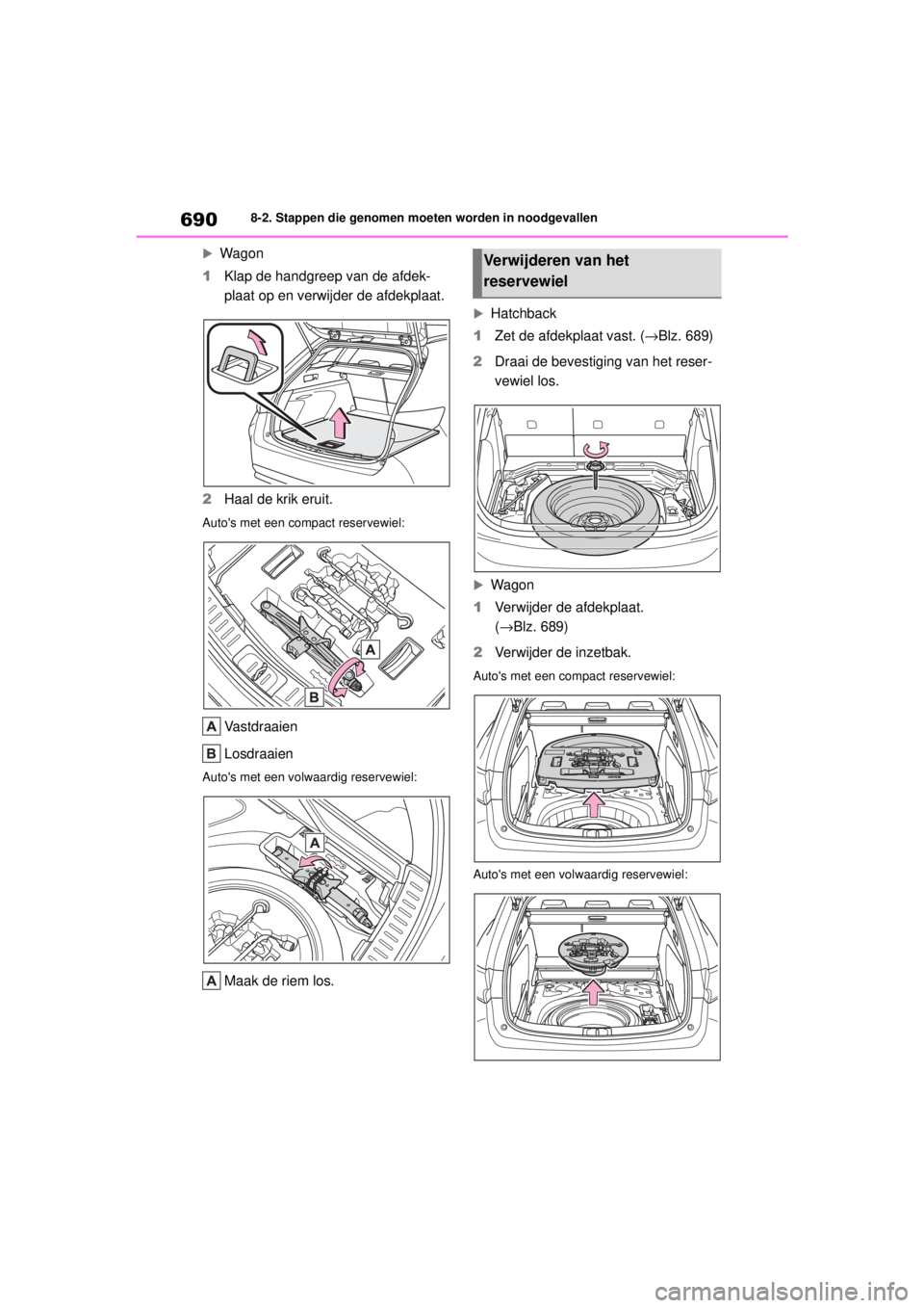 TOYOTA COROLLA HATCHBACK 2020 Instructieboekje (in Dutch) 690
COROLLA_TMUK_EE8-2. Stappen die genomen moeten worden in noodgevallen
Wagon
1 Klap de handgreep van de afdek-
plaat op en verwijder de afdekplaat.
2 Haal de krik eruit.
Autos met een compact TOYOTA COROLLA HATCHBACK 2020 Instructieboekje (in Dutch) 690
COROLLA_TMUK_EE8-2. Stappen die genomen moeten worden in noodgevallen
Wagon
1 Klap de handgreep van de afdek-
plaat op en verwijder de afdekplaat.
2 Haal de krik eruit.
Autos met een compact