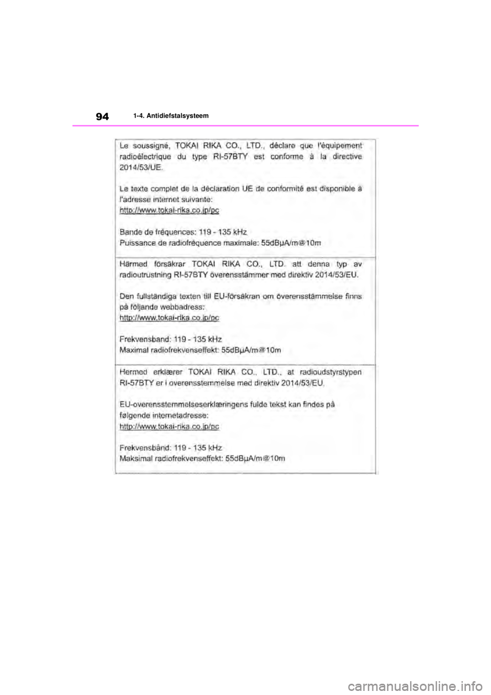 TOYOTA COROLLA HATCHBACK 2020  Instructieboekje (in Dutch) 94
COROLLA_TMUK_EE1-4. Antidiefstalsysteem
COROLLA(TMUK)_OM_Europe_OM12N21E.book  Page 94  Thursday, October 24, 2019  2:54 PM 