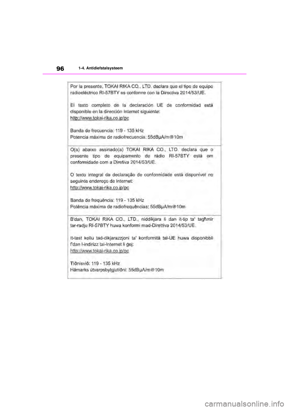 TOYOTA COROLLA HATCHBACK 2020  Instructieboekje (in Dutch) 96
COROLLA_TMUK_EE1-4. Antidiefstalsysteem
COROLLA(TMUK)_OM_Europe_OM12N21E.book  Page 96  Thursday, October 24, 2019  2:54 PM 