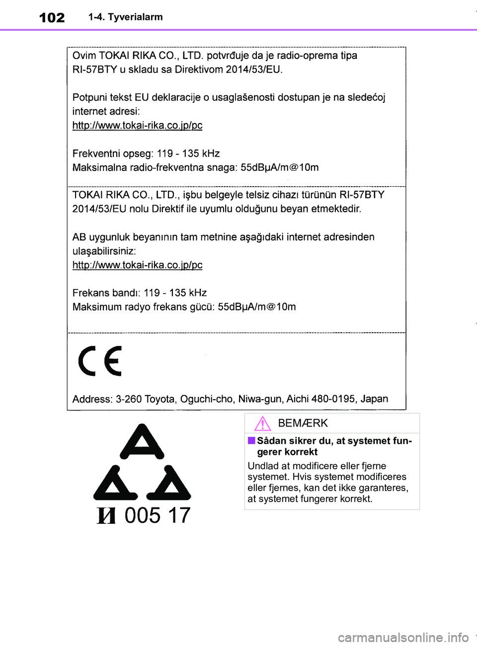 TOYOTA COROLLA HATCHBACK 2019 Brugsanvisning (in Danish) 102
COROLLA_TMUK_EE1-4. Tyverialarm
BEMÆRK
nSådan sikrer du, at systemet fun-
gerer korrekt
Undlad at modificere eller fjerne
systemet. Hvis systemet modificeres
eller fjernes, kan det ikke garant TOYOTA COROLLA HATCHBACK 2019 Brugsanvisning (in Danish) 102
COROLLA_TMUK_EE1-4. Tyverialarm
BEMÆRK
nSådan sikrer du, at systemet fun-
gerer korrekt
Undlad at modificere eller fjerne
systemet. Hvis systemet modificeres
eller fjernes, kan det ikke garant