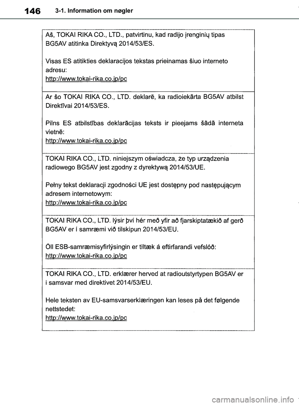 TOYOTA COROLLA HATCHBACK 2019  Brugsanvisning (in Danish) 146
COROLLA_TMUK_EE3-1. Information om nøgler
OM12L25DK.book  Page 146  Wednesday, April 10, 2019  9:44 AM 
