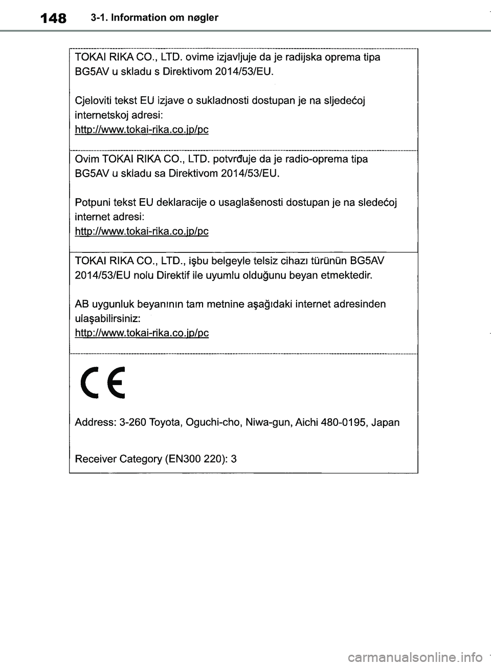TOYOTA COROLLA HATCHBACK 2019  Brugsanvisning (in Danish) 148
COROLLA_TMUK_EE3-1. Information om nøgler
OM12L25DK.book  Page 148  Wednesday, April 10, 2019  9:44 AM 