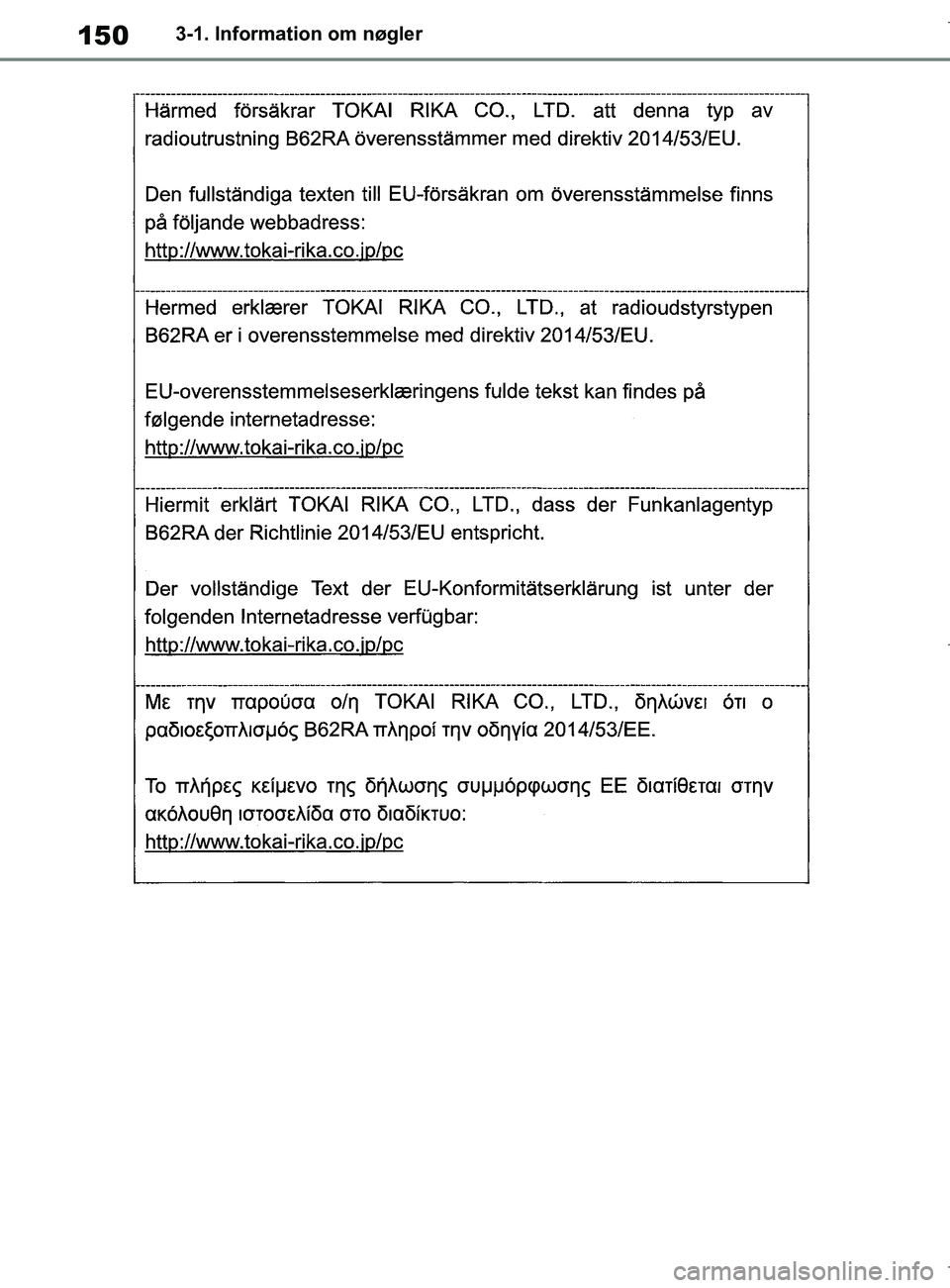TOYOTA COROLLA HATCHBACK 2019  Brugsanvisning (in Danish) 150
COROLLA_TMUK_EE3-1. Information om nøgler
OM12L25DK.book  Page 150  Wednesday, April 10, 2019  9:44 AM 