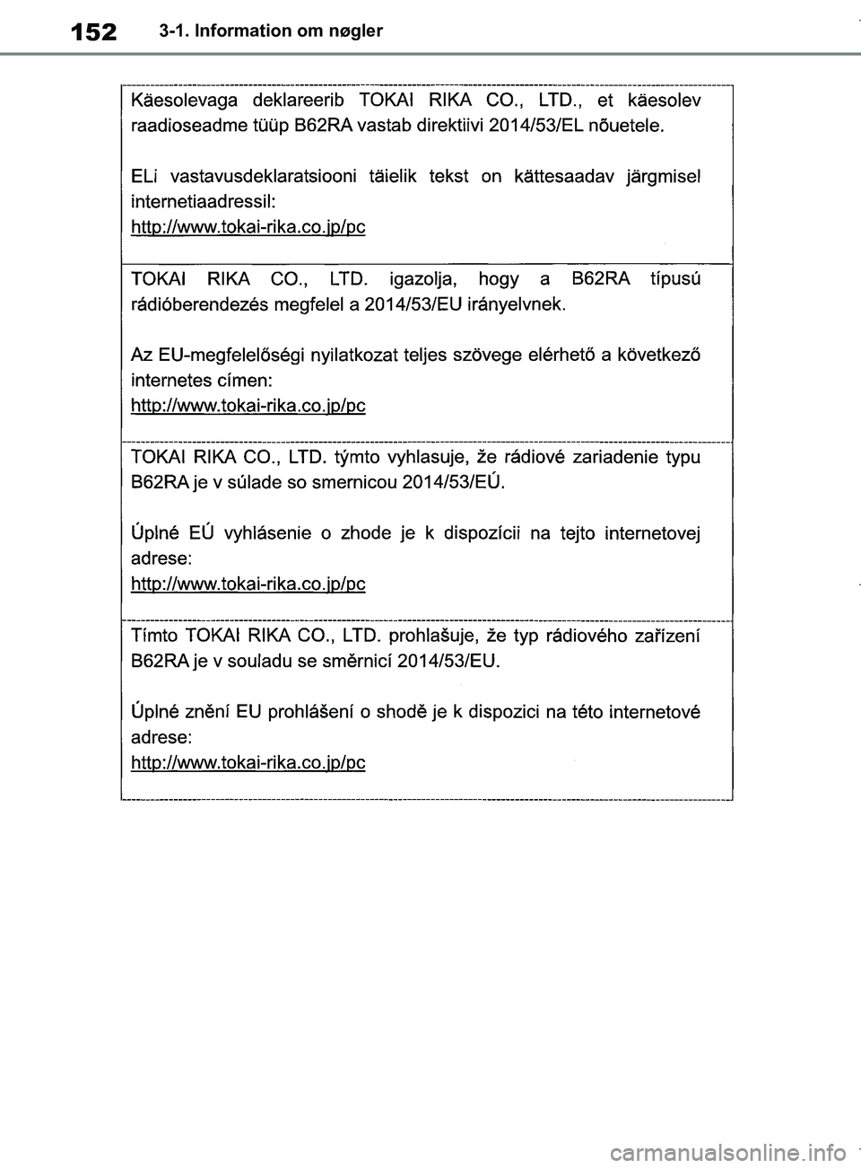 TOYOTA COROLLA HATCHBACK 2019 Brugsanvisning (in Danish) 152
COROLLA_TMUK_EE3-1. Information om nøgler
OM12L25DK.book Page 152 Wednesday, April 10, 2019 9:44 AM TOYOTA COROLLA HATCHBACK 2019 Brugsanvisning (in Danish) 152
COROLLA_TMUK_EE3-1. Information om nøgler
OM12L25DK.book Page 152 Wednesday, April 10, 2019 9:44 AM