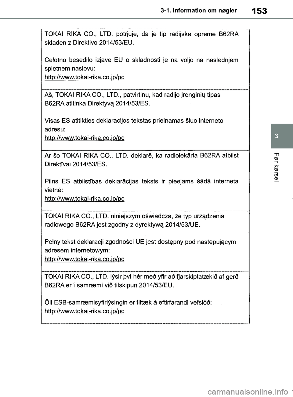 TOYOTA COROLLA HATCHBACK 2019 Brugsanvisning (in Danish) 153
3
COROLLA_TMUK_EE 3-1. Information om nøgler
Før kørsel
OM12L25DK.book Page 153 Wednesday, April 10, 2019 9:44 AM TOYOTA COROLLA HATCHBACK 2019 Brugsanvisning (in Danish) 153
3
COROLLA_TMUK_EE 3-1. Information om nøgler
Før kørsel
OM12L25DK.book Page 153 Wednesday, April 10, 2019 9:44 AM