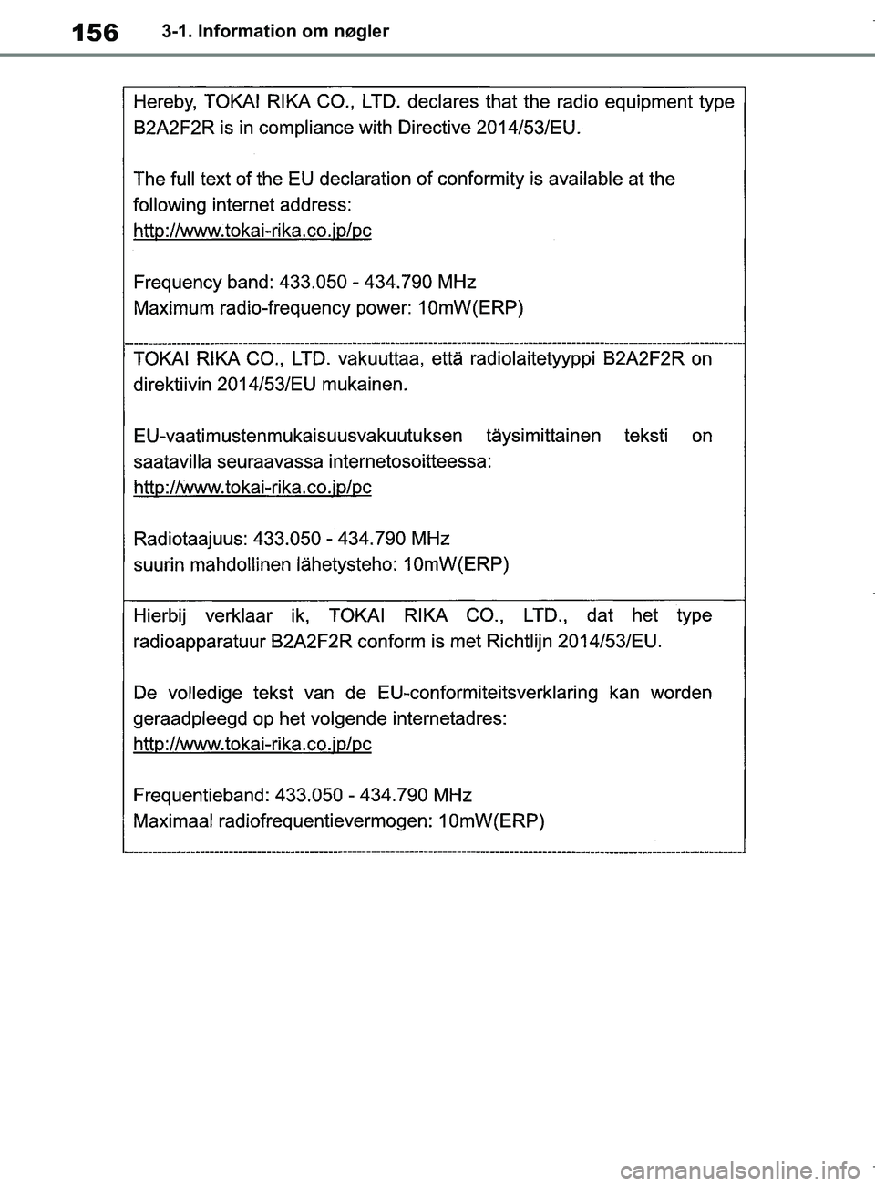 TOYOTA COROLLA HATCHBACK 2019 Brugsanvisning (in Danish) 156
COROLLA_TMUK_EE3-1. Information om nøgler
OM12L25DK.book Page 156 Wednesday, April 10, 2019 9:44 AM TOYOTA COROLLA HATCHBACK 2019 Brugsanvisning (in Danish) 156
COROLLA_TMUK_EE3-1. Information om nøgler
OM12L25DK.book Page 156 Wednesday, April 10, 2019 9:44 AM
