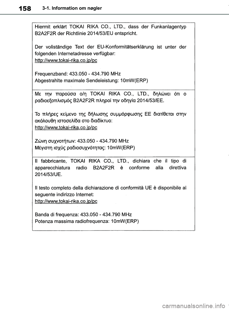 TOYOTA COROLLA HATCHBACK 2019 Brugsanvisning (in Danish) 158
COROLLA_TMUK_EE3-1. Information om nøgler
OM12L25DK.book Page 158 Wednesday, April 10, 2019 9:44 AM TOYOTA COROLLA HATCHBACK 2019 Brugsanvisning (in Danish) 158
COROLLA_TMUK_EE3-1. Information om nøgler
OM12L25DK.book Page 158 Wednesday, April 10, 2019 9:44 AM