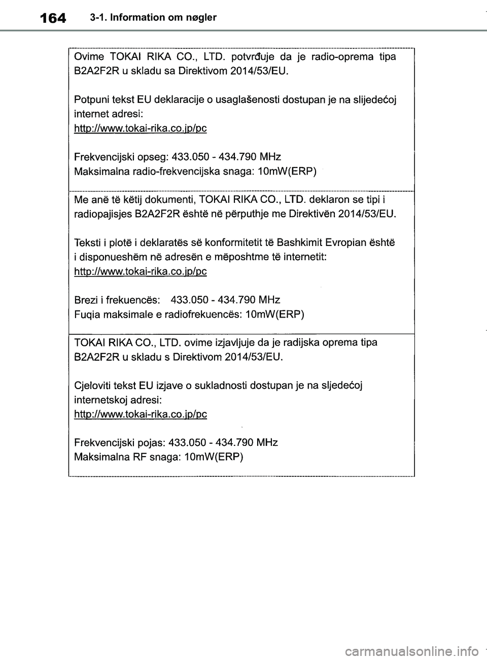 TOYOTA COROLLA HATCHBACK 2019 Brugsanvisning (in Danish) 164
COROLLA_TMUK_EE3-1. Information om nøgler
OM12L25DK.book Page 164 Wednesday, April 10, 2019 9:44 AM TOYOTA COROLLA HATCHBACK 2019 Brugsanvisning (in Danish) 164
COROLLA_TMUK_EE3-1. Information om nøgler
OM12L25DK.book Page 164 Wednesday, April 10, 2019 9:44 AM
