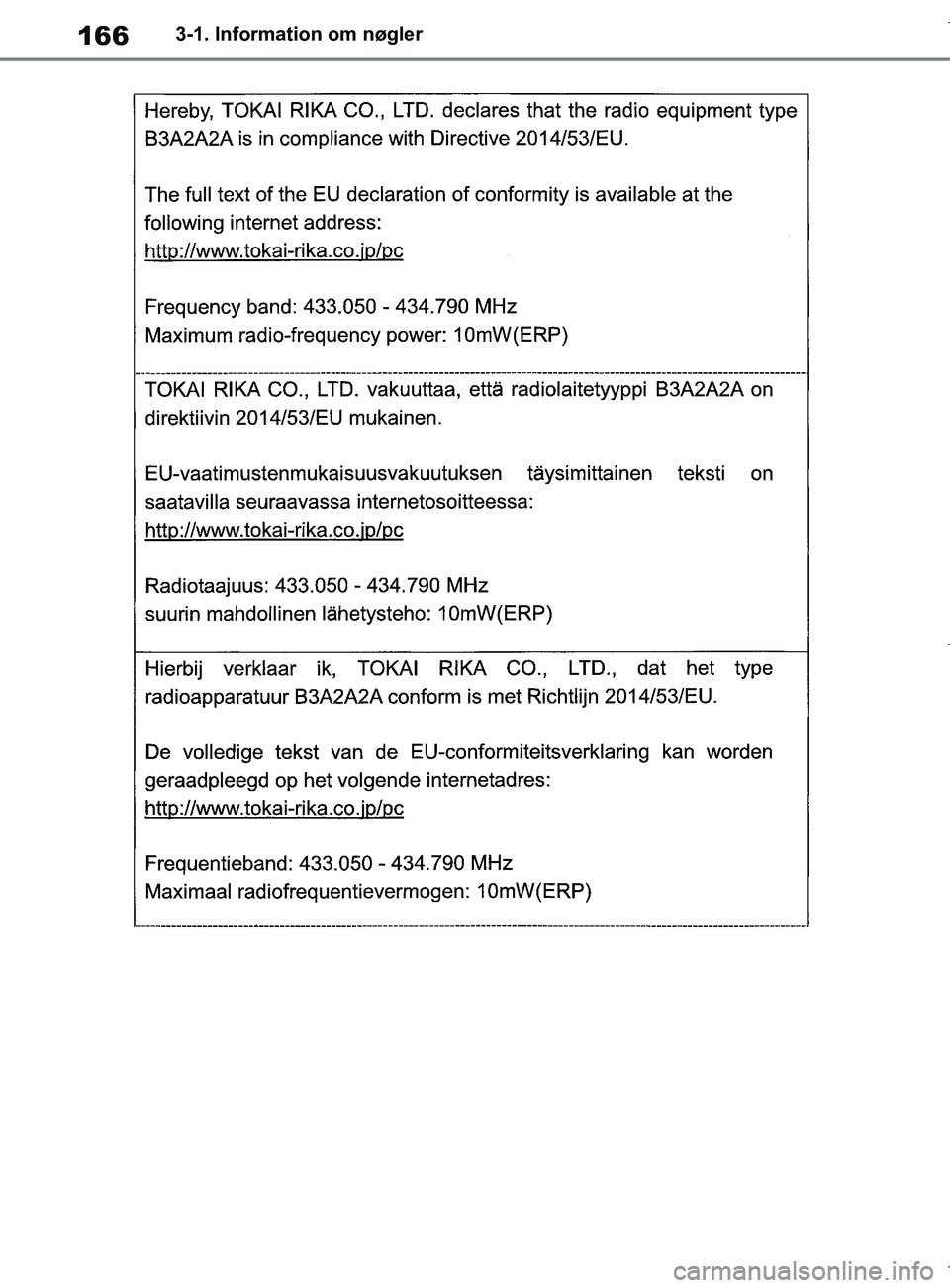 TOYOTA COROLLA HATCHBACK 2019 Brugsanvisning (in Danish) 166
COROLLA_TMUK_EE3-1. Information om nøgler
OM12L25DK.book Page 166 Wednesday, April 10, 2019 9:44 AM TOYOTA COROLLA HATCHBACK 2019 Brugsanvisning (in Danish) 166
COROLLA_TMUK_EE3-1. Information om nøgler
OM12L25DK.book Page 166 Wednesday, April 10, 2019 9:44 AM
