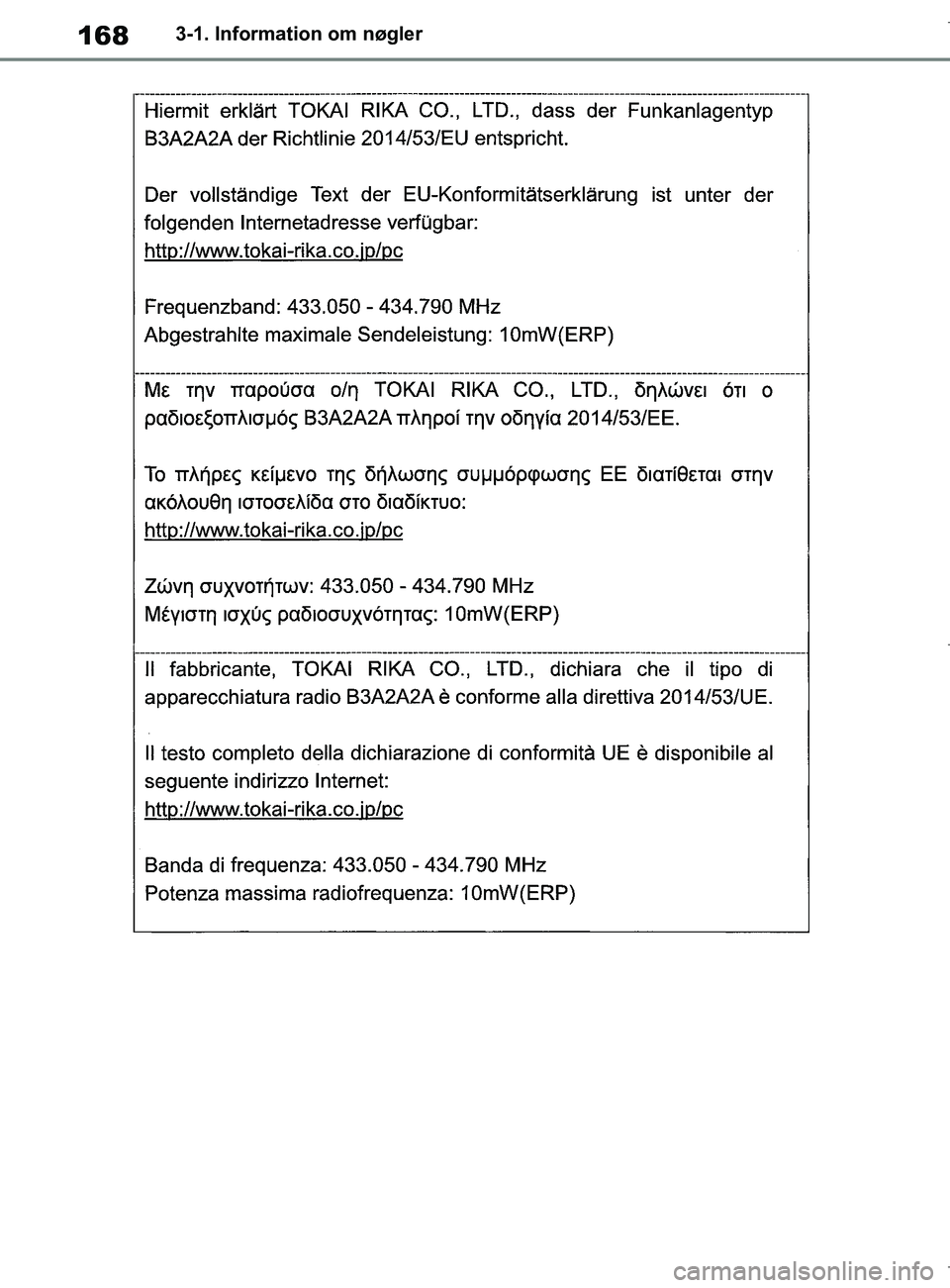 TOYOTA COROLLA HATCHBACK 2019 Brugsanvisning (in Danish) 168
COROLLA_TMUK_EE3-1. Information om nøgler
OM12L25DK.book Page 168 Wednesday, April 10, 2019 9:44 AM TOYOTA COROLLA HATCHBACK 2019 Brugsanvisning (in Danish) 168
COROLLA_TMUK_EE3-1. Information om nøgler
OM12L25DK.book Page 168 Wednesday, April 10, 2019 9:44 AM