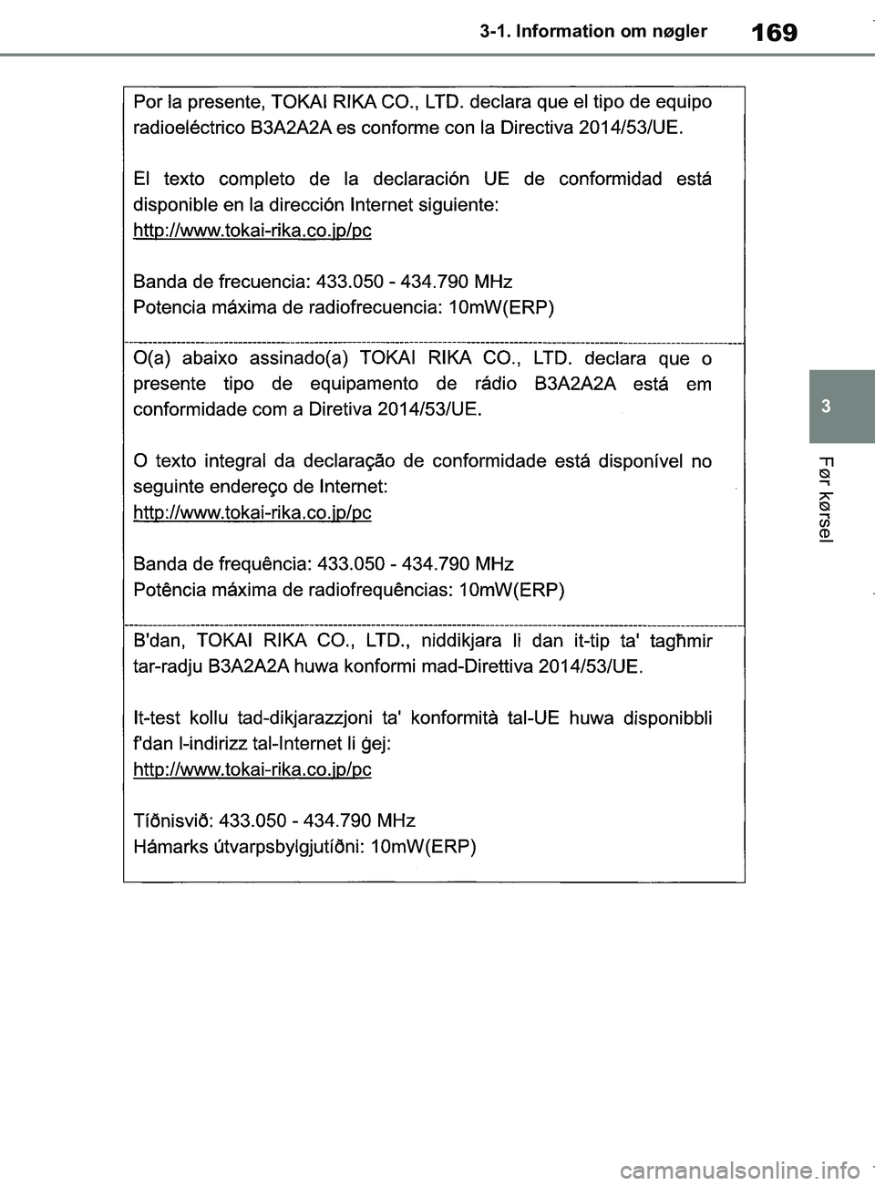TOYOTA COROLLA HATCHBACK 2019 Brugsanvisning (in Danish) 169
3
COROLLA_TMUK_EE 3-1. Information om nøgler
Før kørsel
OM12L25DK.book Page 169 Wednesday, April 10, 2019 9:44 AM TOYOTA COROLLA HATCHBACK 2019 Brugsanvisning (in Danish) 169
3
COROLLA_TMUK_EE 3-1. Information om nøgler
Før kørsel
OM12L25DK.book Page 169 Wednesday, April 10, 2019 9:44 AM