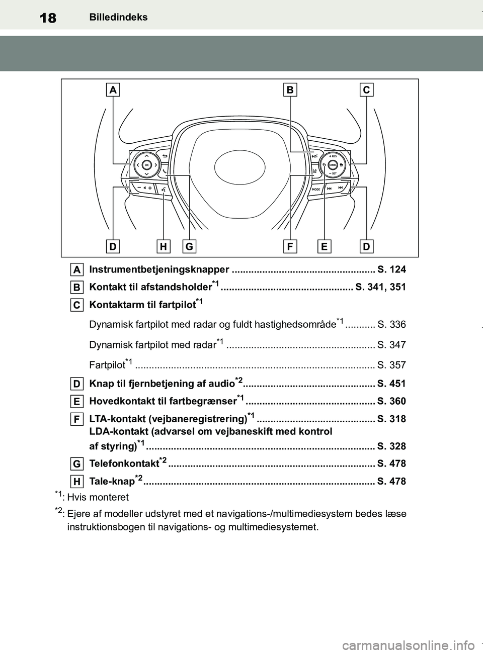 TOYOTA COROLLA HATCHBACK 2019  Brugsanvisning (in Danish) 18
COROLLA_TMUK_EEBilledindeks
Instrumentbetjeningsknapper .................................................... S. 124
Kontakt til afstandsholder
*1................................................ S. 