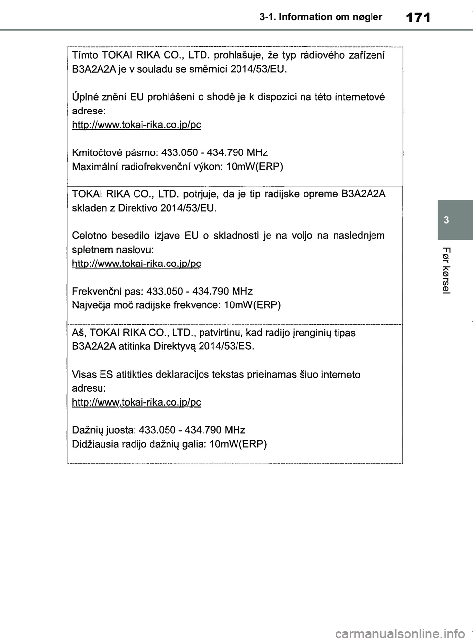 TOYOTA COROLLA HATCHBACK 2019 Brugsanvisning (in Danish) 171
3
COROLLA_TMUK_EE 3-1. Information om nøgler
Før kørsel
OM12L25DK.book Page 171 Wednesday, April 10, 2019 9:44 AM TOYOTA COROLLA HATCHBACK 2019 Brugsanvisning (in Danish) 171
3
COROLLA_TMUK_EE 3-1. Information om nøgler
Før kørsel
OM12L25DK.book Page 171 Wednesday, April 10, 2019 9:44 AM