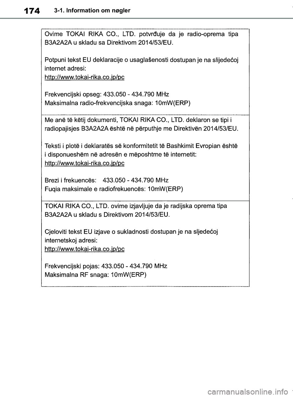 TOYOTA COROLLA HATCHBACK 2019 Brugsanvisning (in Danish) 174
COROLLA_TMUK_EE3-1. Information om nøgler
OM12L25DK.book Page 174 Wednesday, April 10, 2019 9:44 AM TOYOTA COROLLA HATCHBACK 2019 Brugsanvisning (in Danish) 174
COROLLA_TMUK_EE3-1. Information om nøgler
OM12L25DK.book Page 174 Wednesday, April 10, 2019 9:44 AM