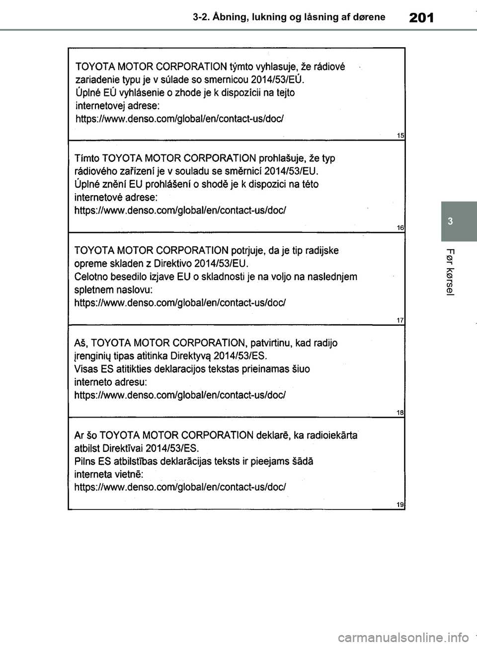 TOYOTA COROLLA HATCHBACK 2019  Brugsanvisning (in Danish) 201
3
COROLLA_TMUK_EE 3-2. Åbning, lukning og låsning af dørene
Før kørsel
OM12L25DK.book  Page 201  Wednesday, April 10, 2019  9:44 AM 