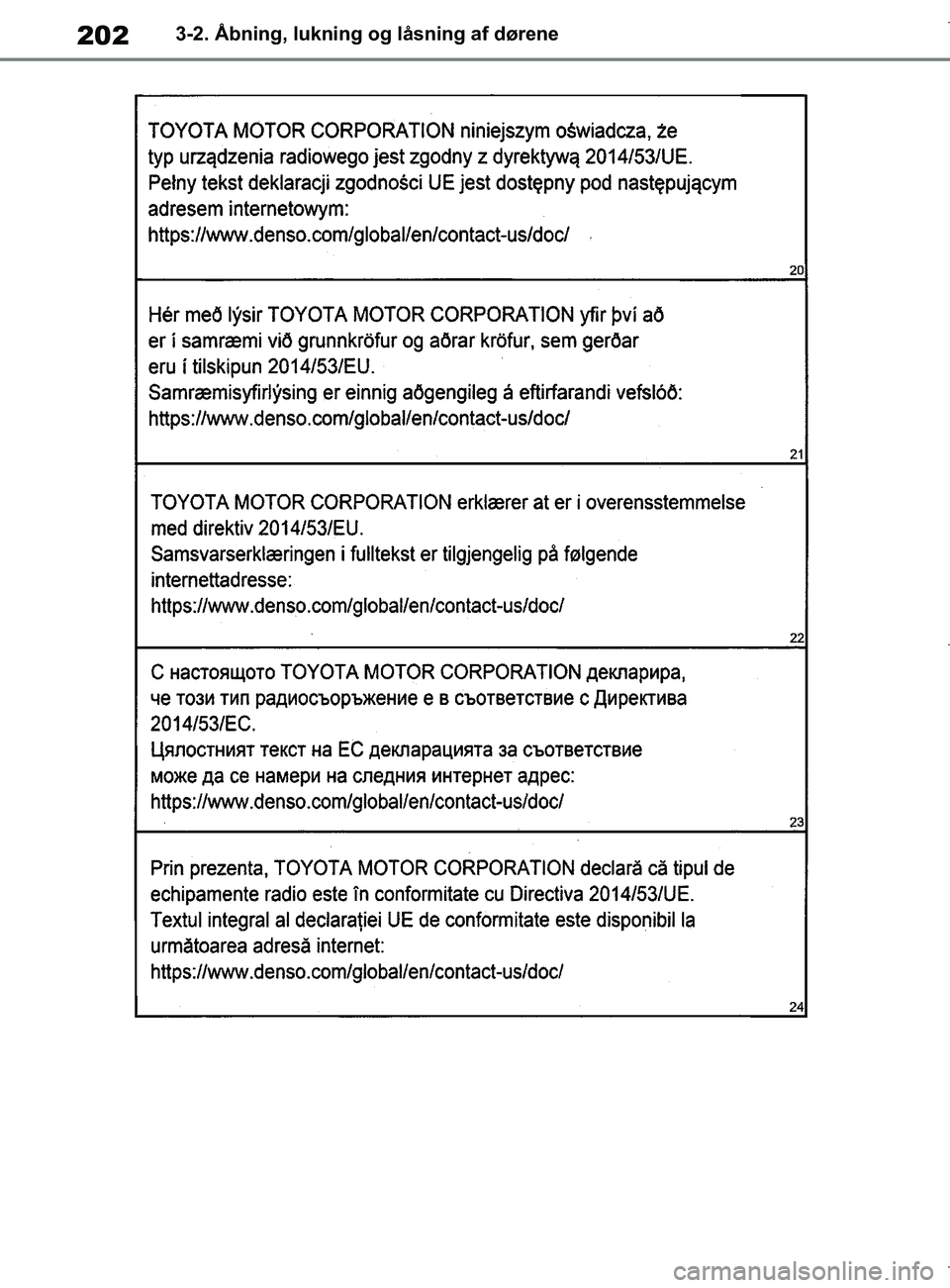 TOYOTA COROLLA HATCHBACK 2019  Brugsanvisning (in Danish) 202
COROLLA_TMUK_EE3-2. Åbning, lukning og låsning af dørene
OM12L25DK.book  Page 202  Wednesday, April 10, 2019  9:44 AM 