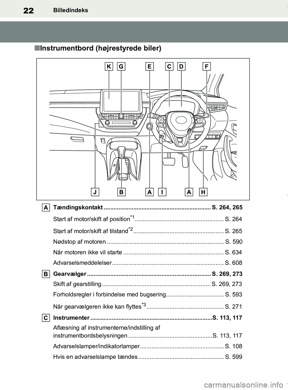 TOYOTA COROLLA HATCHBACK 2019 Brugsanvisning (in Danish) 22
COROLLA_TMUK_EEBilledindeks
nInstrumentbord (højrestyrede biler)
Tændingskontakt ................................................................. S. 264, 265
Start af motor/skift af position
*1. TOYOTA COROLLA HATCHBACK 2019 Brugsanvisning (in Danish) 22
COROLLA_TMUK_EEBilledindeks
nInstrumentbord (højrestyrede biler)
Tændingskontakt ................................................................. S. 264, 265
Start af motor/skift af position
*1.