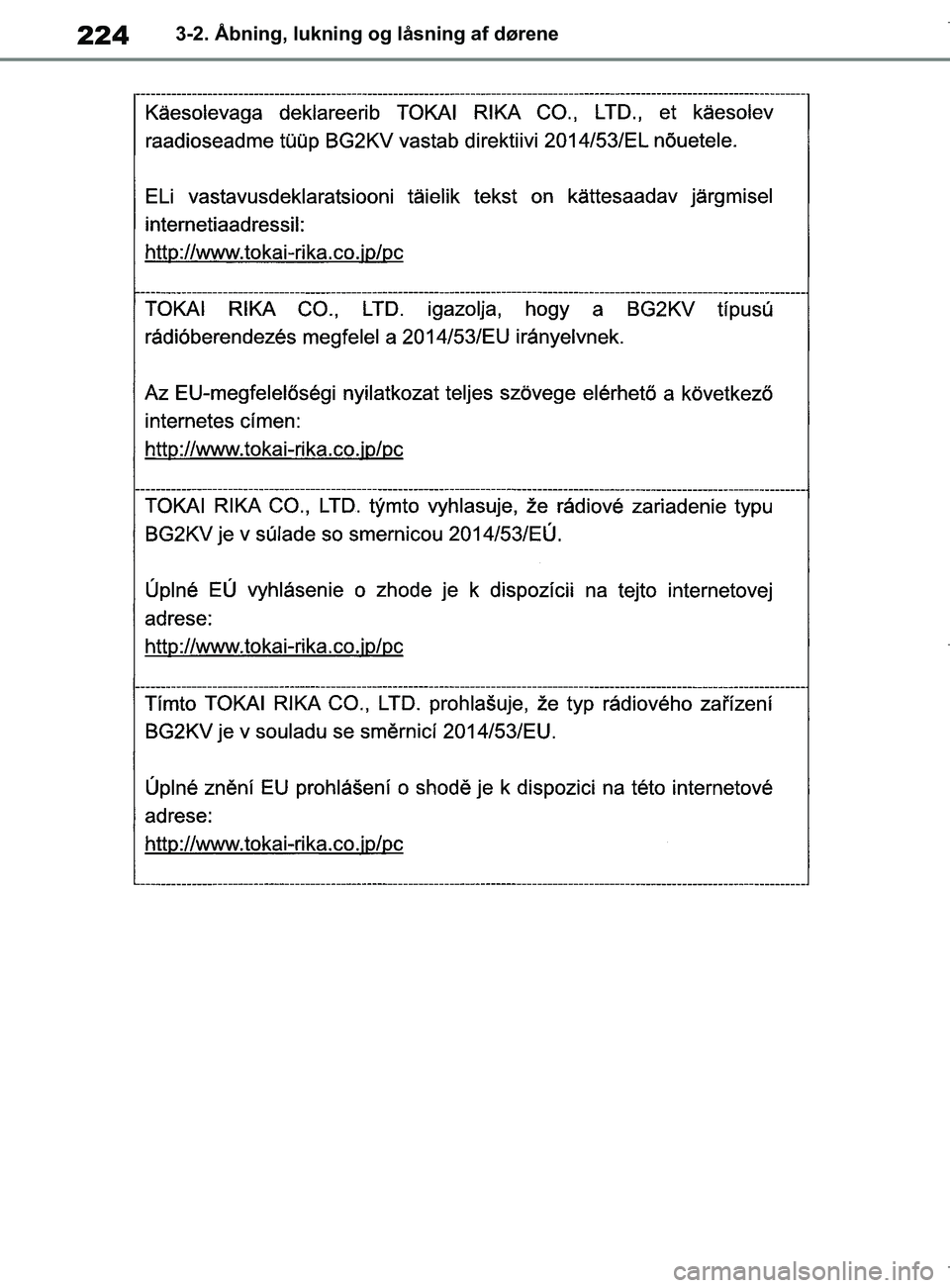 TOYOTA COROLLA HATCHBACK 2019  Brugsanvisning (in Danish) 224
COROLLA_TMUK_EE3-2. Åbning, lukning og låsning af dørene
OM12L25DK.book  Page 224  Wednesday, April 10, 2019  9:44 AM 