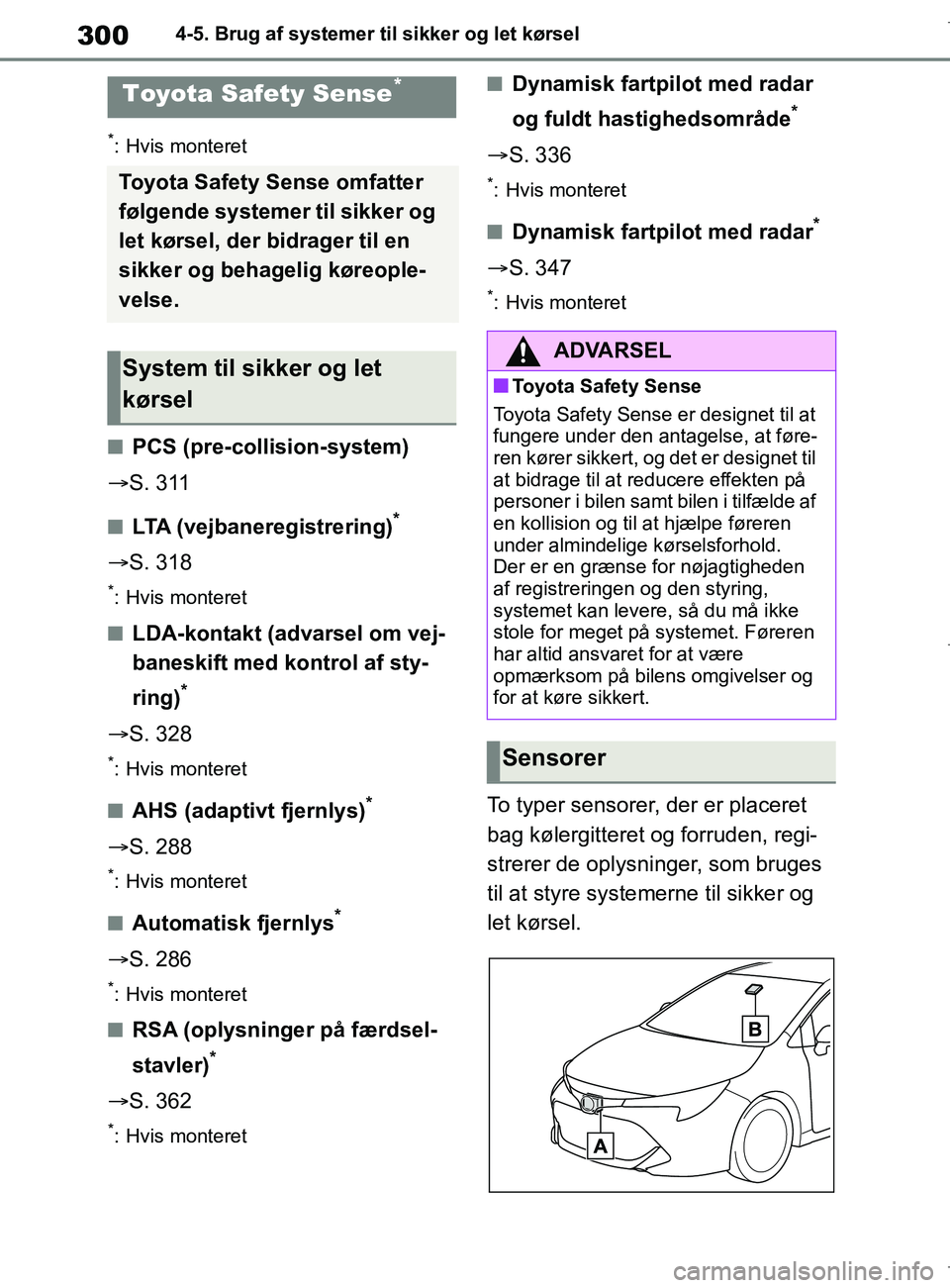 TOYOTA COROLLA HATCHBACK 2019 Brugsanvisning (in Danish) 300
COROLLA_TMUK_EE4-5. Brug af systemer til sikker og let kørsel
4-5.Brug af systemer til sikker og let kørsel
*: Hvis monteret
nPCS (pre-collision-system)
S. 311
nLTA (vejbaneregistrering)*
TOYOTA COROLLA HATCHBACK 2019 Brugsanvisning (in Danish) 300
COROLLA_TMUK_EE4-5. Brug af systemer til sikker og let kørsel
4-5.Brug af systemer til sikker og let kørsel
*: Hvis monteret
nPCS (pre-collision-system)
S. 311
nLTA (vejbaneregistrering)*