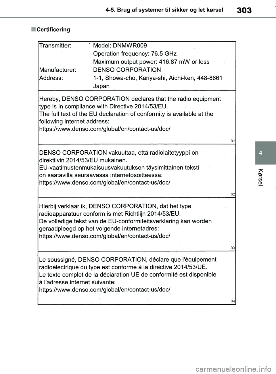 TOYOTA COROLLA HATCHBACK 2019 Brugsanvisning (in Danish) 303
4
COROLLA_TMUK_EE 4-5. Brug af systemer til sikker og let kørsel
Kørsel
nCertificering
OM12L25DK.book Page 303 Wednesday, April 10, 2019 9:44 AM TOYOTA COROLLA HATCHBACK 2019 Brugsanvisning (in Danish) 303
4
COROLLA_TMUK_EE 4-5. Brug af systemer til sikker og let kørsel
Kørsel
nCertificering
OM12L25DK.book Page 303 Wednesday, April 10, 2019 9:44 AM