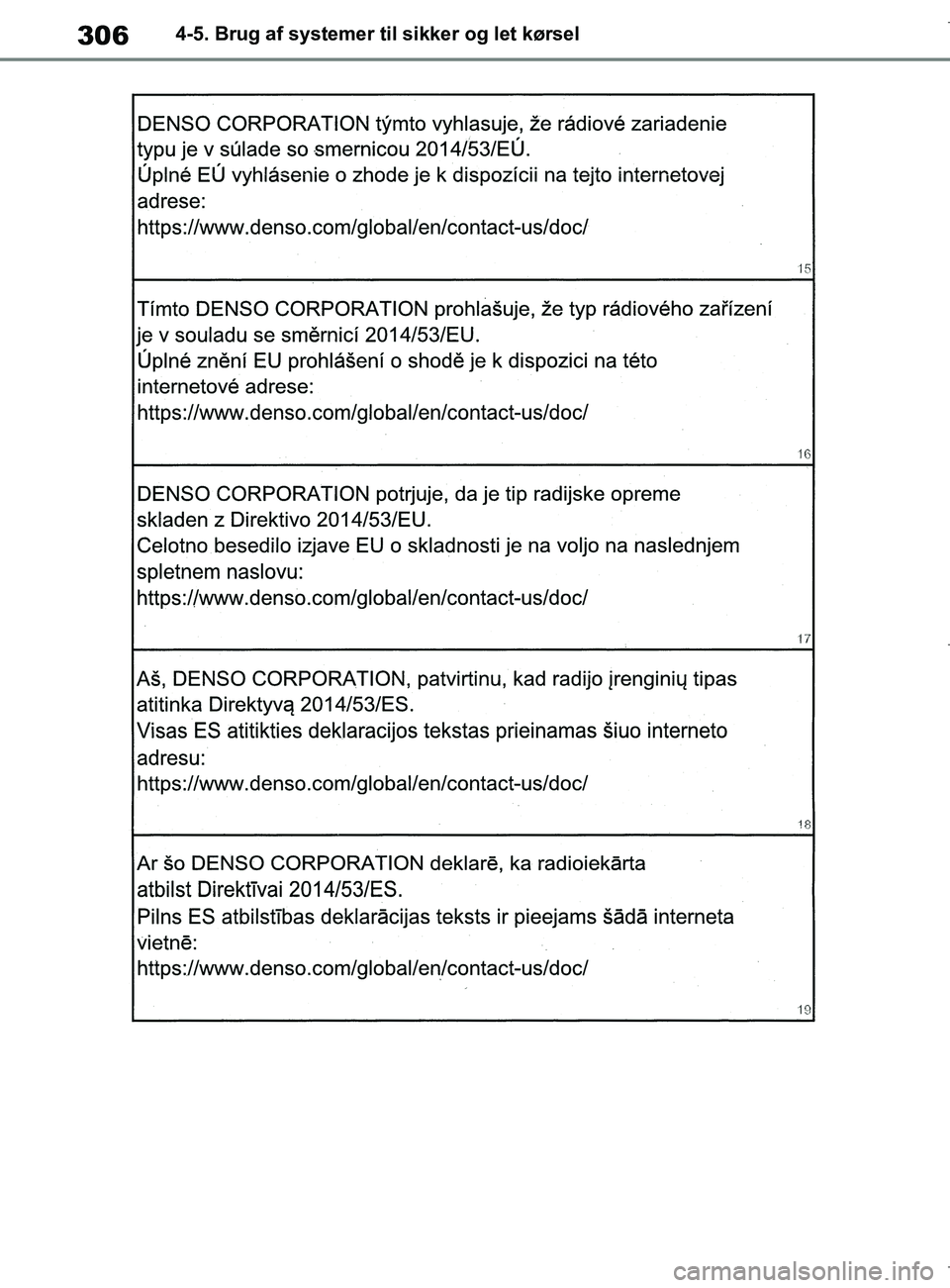 TOYOTA COROLLA HATCHBACK 2019 Brugsanvisning (in Danish) 306
COROLLA_TMUK_EE4-5. Brug af systemer til sikker og let kørsel
OM12L25DK.book Page 306 Wednesday, April 10, 2019 9:44 AM TOYOTA COROLLA HATCHBACK 2019 Brugsanvisning (in Danish) 306
COROLLA_TMUK_EE4-5. Brug af systemer til sikker og let kørsel
OM12L25DK.book Page 306 Wednesday, April 10, 2019 9:44 AM