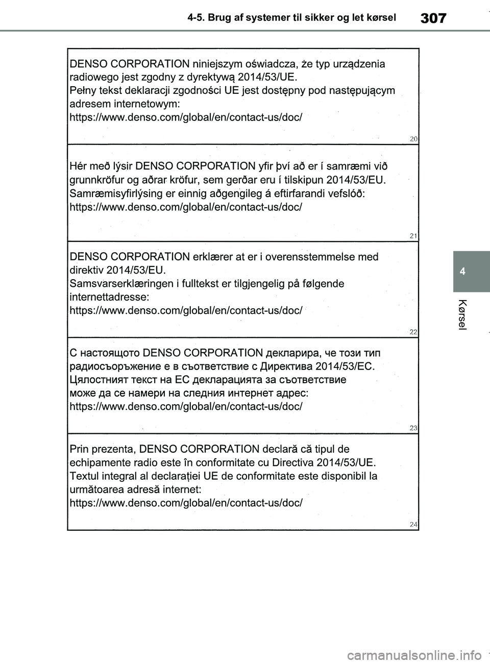 TOYOTA COROLLA HATCHBACK 2019 Brugsanvisning (in Danish) 307
4
COROLLA_TMUK_EE 4-5. Brug af systemer til sikker og let kørsel
Kørsel
OM12L25DK.book Page 307 Wednesday, April 10, 2019 9:44 AM TOYOTA COROLLA HATCHBACK 2019 Brugsanvisning (in Danish) 307
4
COROLLA_TMUK_EE 4-5. Brug af systemer til sikker og let kørsel
Kørsel
OM12L25DK.book Page 307 Wednesday, April 10, 2019 9:44 AM