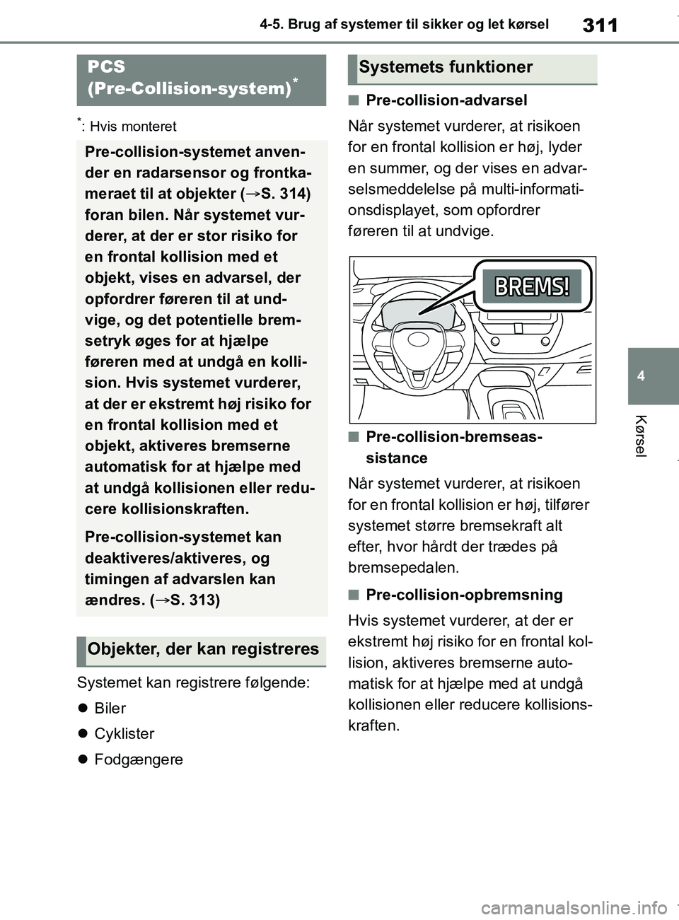 TOYOTA COROLLA HATCHBACK 2019 Brugsanvisning (in Danish) 311
4
COROLLA_TMUK_EE 4-5. Brug af systemer til sikker og let kørsel
Kørsel
*: Hvis monteret
Systemet kan registrere følgende:
Biler
Cyklister
Fodgængere
nPre-collision-advarsel
Når s TOYOTA COROLLA HATCHBACK 2019 Brugsanvisning (in Danish) 311
4
COROLLA_TMUK_EE 4-5. Brug af systemer til sikker og let kørsel
Kørsel
*: Hvis monteret
Systemet kan registrere følgende:
Biler
Cyklister
Fodgængere
nPre-collision-advarsel
Når s