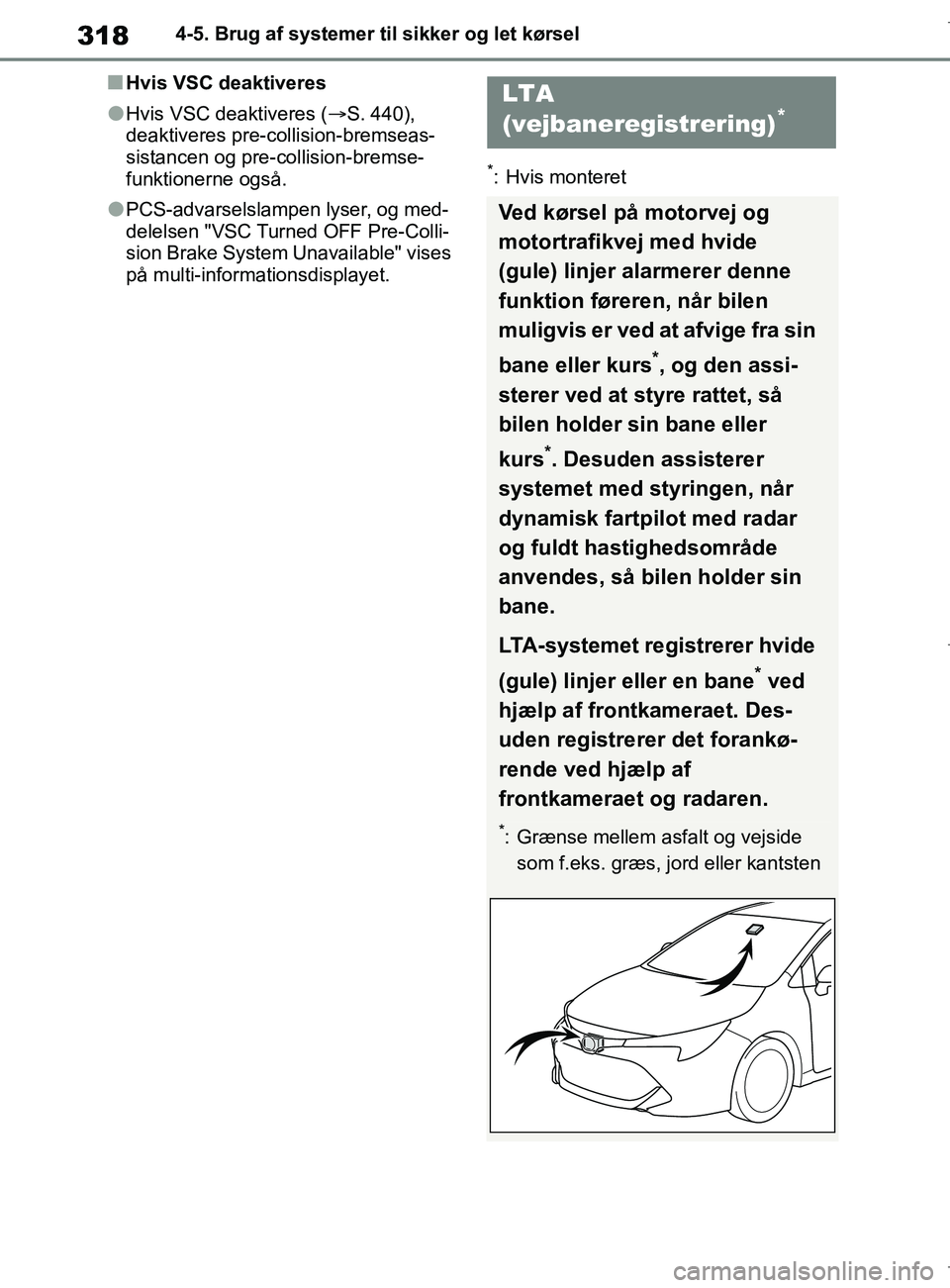 TOYOTA COROLLA HATCHBACK 2019 Brugsanvisning (in Danish) 318
COROLLA_TMUK_EE4-5. Brug af systemer til sikker og let kørsel
nHvis VSC deaktiveres
lHvis VSC deaktiveres (S. 440),
deaktiveres pre-collision-bremseas-
sistancen og pre-collision-bremse-
funk TOYOTA COROLLA HATCHBACK 2019 Brugsanvisning (in Danish) 318
COROLLA_TMUK_EE4-5. Brug af systemer til sikker og let kørsel
nHvis VSC deaktiveres
lHvis VSC deaktiveres (S. 440),
deaktiveres pre-collision-bremseas-
sistancen og pre-collision-bremse-
funk