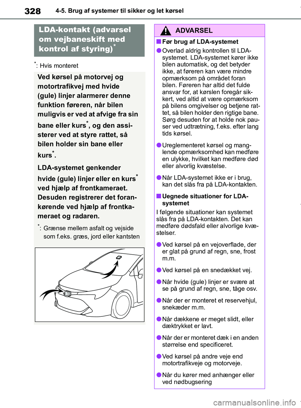 TOYOTA COROLLA HATCHBACK 2019 Brugsanvisning (in Danish) 328
COROLLA_TMUK_EE4-5. Brug af systemer til sikker og let kørsel
*: Hvis monteret
LDA-kontakt (advarsel
om vejbaneskift med
kontrol af styring)
*
Ved kørsel på motorvej og
motortrafikvej med hv TOYOTA COROLLA HATCHBACK 2019 Brugsanvisning (in Danish) 328
COROLLA_TMUK_EE4-5. Brug af systemer til sikker og let kørsel
*: Hvis monteret
LDA-kontakt (advarsel
om vejbaneskift med
kontrol af styring)
*
Ved kørsel på motorvej og
motortrafikvej med hv