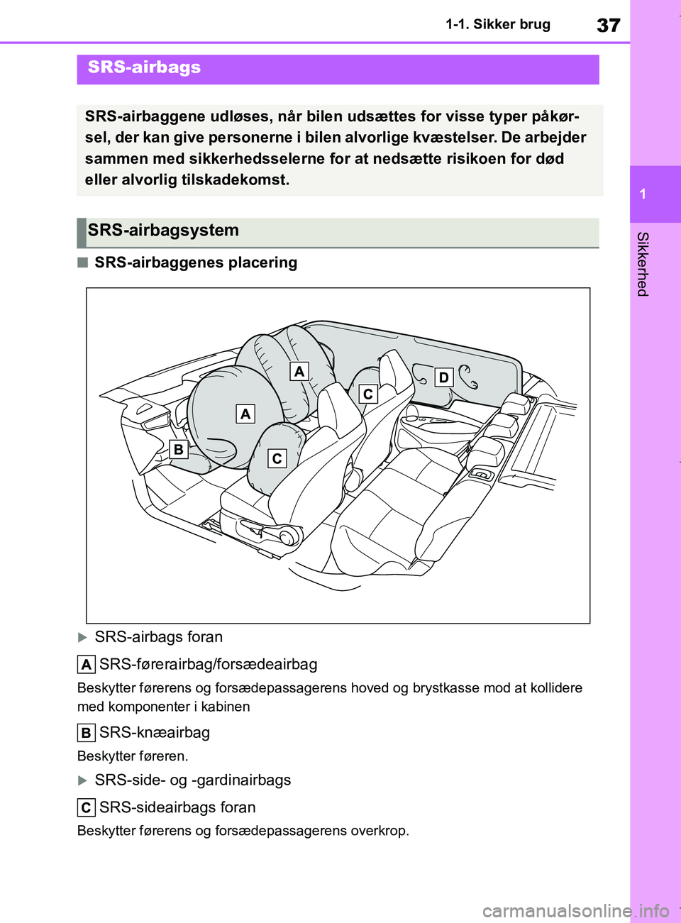 TOYOTA COROLLA HATCHBACK 2019 Brugsanvisning (in Danish) 37
1
COROLLA_TMUK_EE 1-1. Sikker brug
Sikkerhed
nSRS-airbaggenes placering
SRS-airbags foran
SRS-førerairbag/forsædeairbag
Beskytter førerens og forsædepassagerens hoved og brystkasse mod at ko TOYOTA COROLLA HATCHBACK 2019 Brugsanvisning (in Danish) 37
1
COROLLA_TMUK_EE 1-1. Sikker brug
Sikkerhed
nSRS-airbaggenes placering
SRS-airbags foran
SRS-førerairbag/forsædeairbag
Beskytter førerens og forsædepassagerens hoved og brystkasse mod at ko