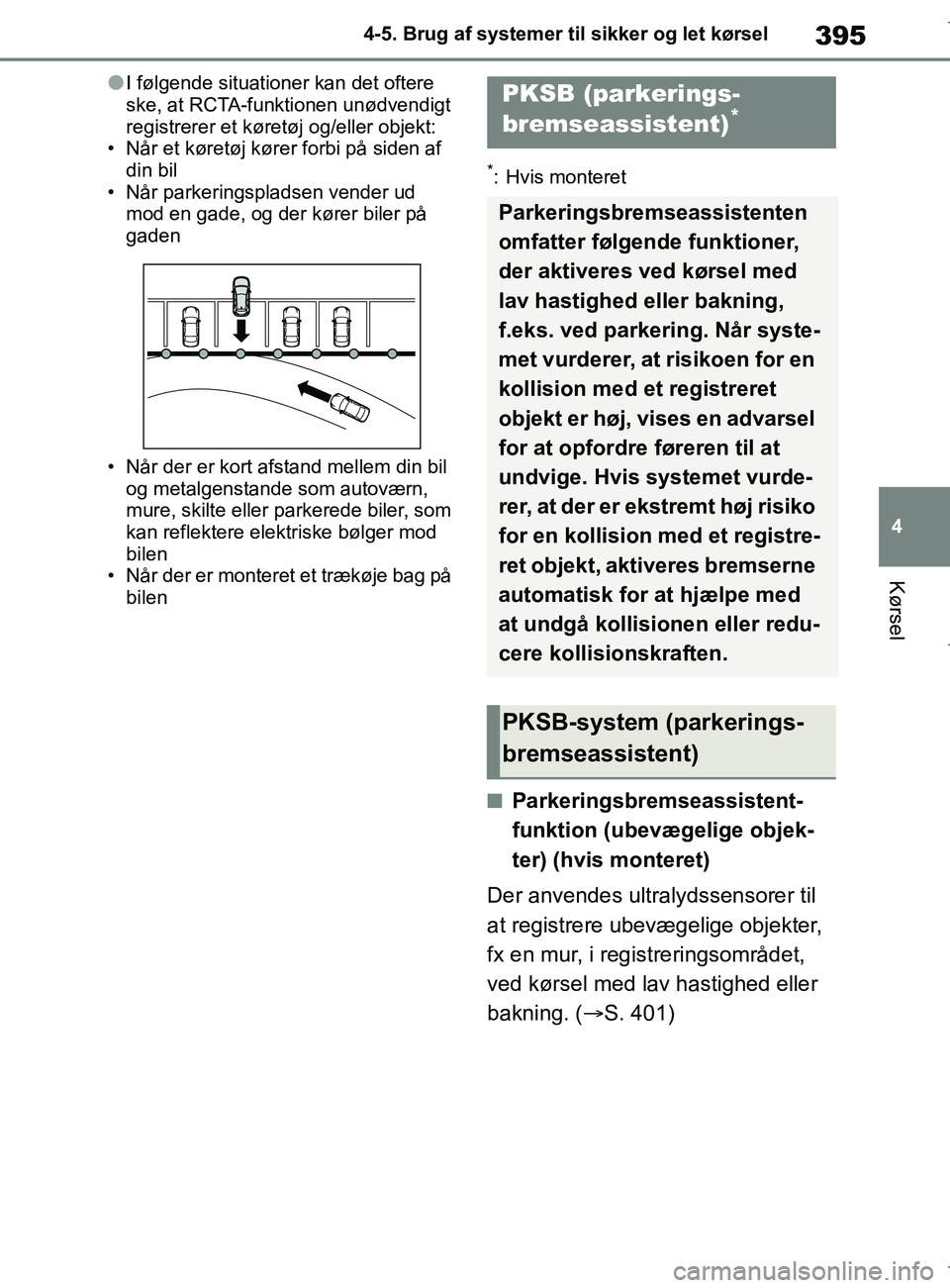TOYOTA COROLLA HATCHBACK 2019 Brugsanvisning (in Danish) 395
4
COROLLA_TMUK_EE 4-5. Brug af systemer til sikker og let kørsel
Kørsel
lI følgende situationer kan det oftere
ske, at RCTA-funktionen unødvendigt
registrerer et køre
tøj og/eller objekt:
TOYOTA COROLLA HATCHBACK 2019 Brugsanvisning (in Danish) 395
4
COROLLA_TMUK_EE 4-5. Brug af systemer til sikker og let kørsel
Kørsel
lI følgende situationer kan det oftere
ske, at RCTA-funktionen unødvendigt
registrerer et køre
tøj og/eller objekt: