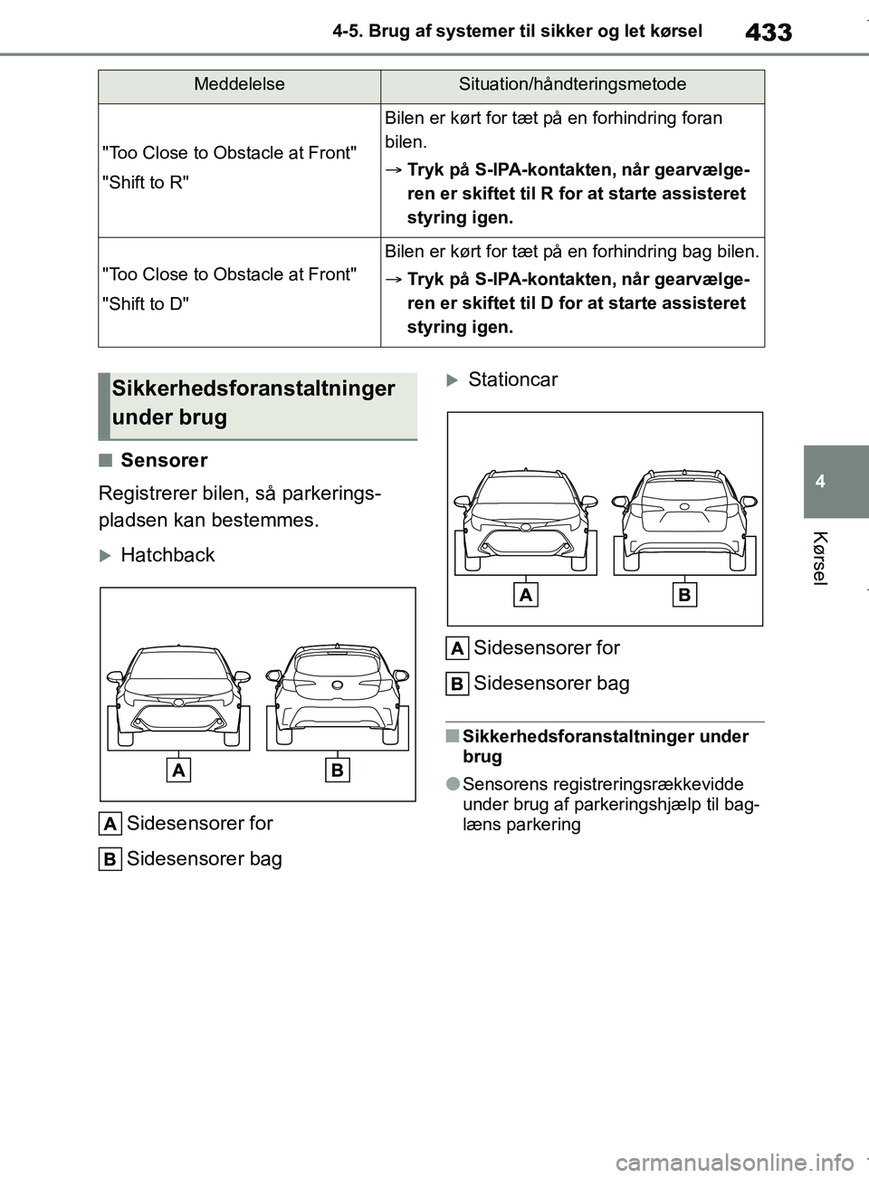 TOYOTA COROLLA HATCHBACK 2019 Brugsanvisning (in Danish) 433
4
COROLLA_TMUK_EE 4-5. Brug af systemer til sikker og let kørsel
Kørsel
nSensorer
Registrerer bilen, så parkerings-
pladsen kan bestemmes.
Hatchback
Sidesensorer for
Sidesensorer bag
Stat TOYOTA COROLLA HATCHBACK 2019 Brugsanvisning (in Danish) 433
4
COROLLA_TMUK_EE 4-5. Brug af systemer til sikker og let kørsel
Kørsel
nSensorer
Registrerer bilen, så parkerings-
pladsen kan bestemmes.
Hatchback
Sidesensorer for
Sidesensorer bag
Stat