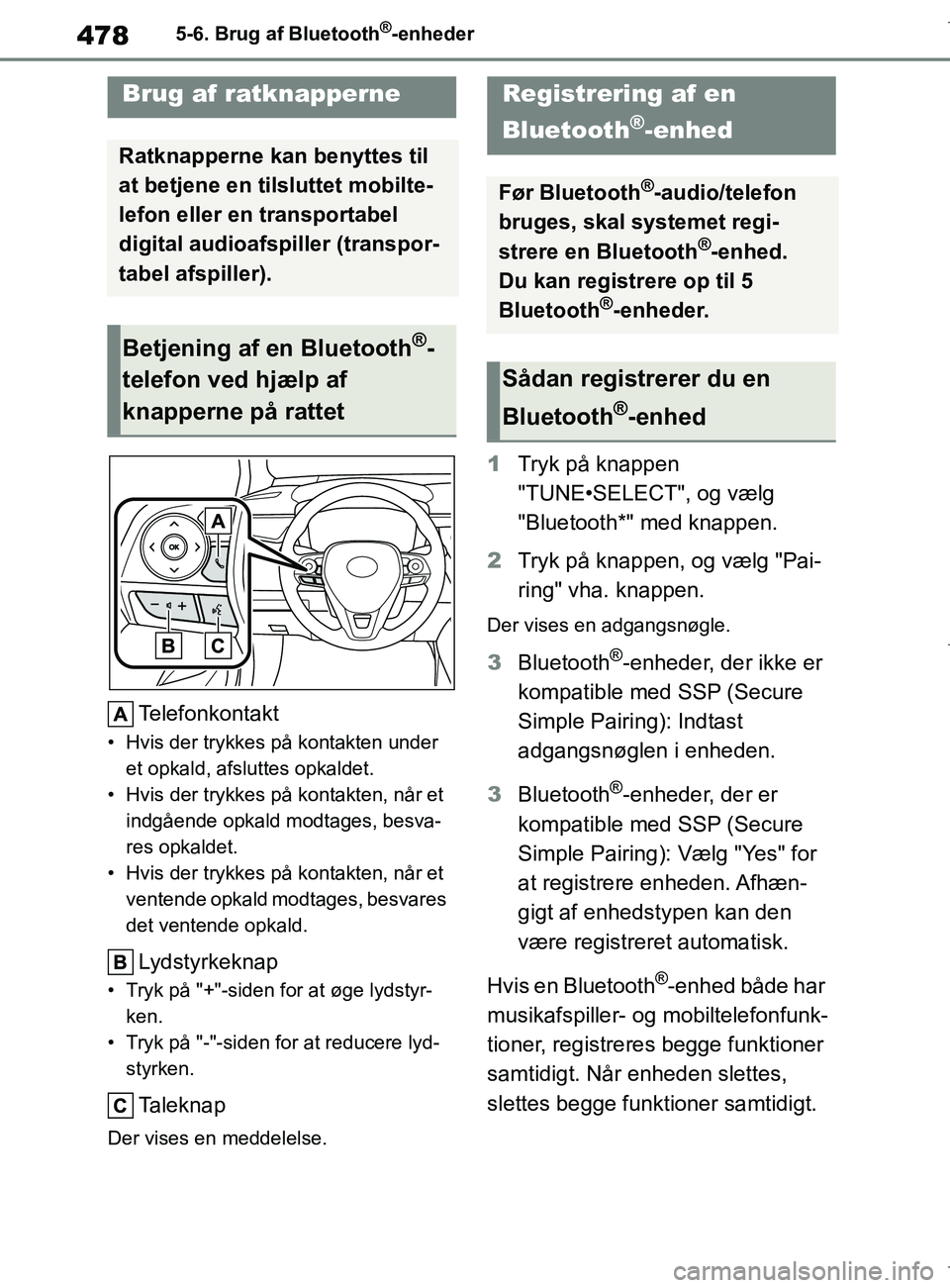 TOYOTA COROLLA HATCHBACK 2019 Brugsanvisning (in Danish) 478
COROLLA_TMUK_EE5-6. Brug af Bluetooth
®-enheder
Telefonkontakt
• Hvis der trykkes på kontakten under
et opkald, afsluttes opkaldet.
• Hvis der trykkes på kontakten, når et
indgående op TOYOTA COROLLA HATCHBACK 2019 Brugsanvisning (in Danish) 478
COROLLA_TMUK_EE5-6. Brug af Bluetooth
®-enheder
Telefonkontakt
• Hvis der trykkes på kontakten under
et opkald, afsluttes opkaldet.
• Hvis der trykkes på kontakten, når et
indgående op