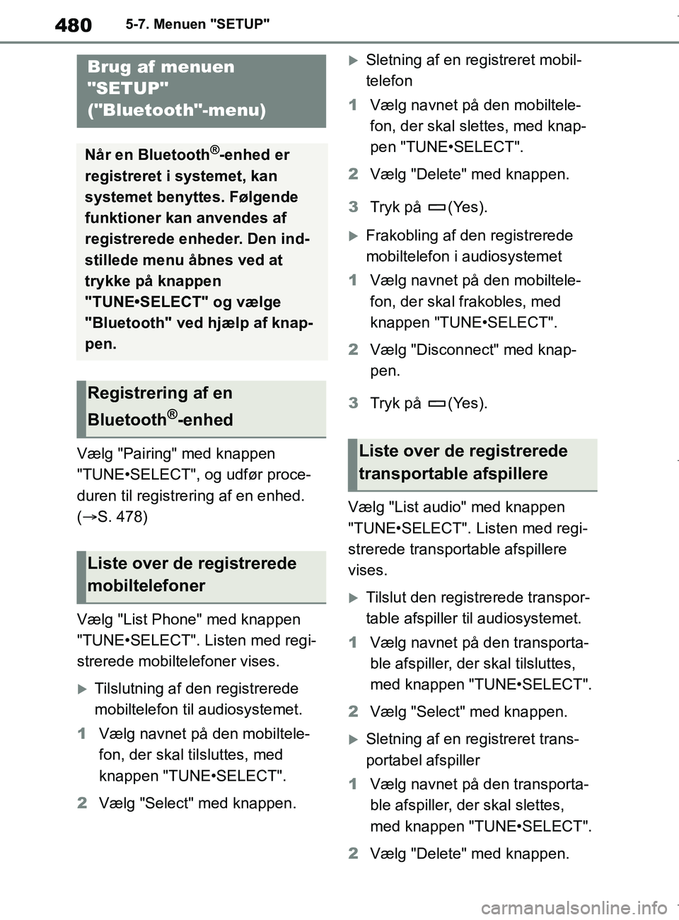 TOYOTA COROLLA HATCHBACK 2019 Brugsanvisning (in Danish) 480
COROLLA_TMUK_EE5-7. Menuen "SETUP"
5-7.Menuen "SETUP"
Vælg "Pairing" med knappen
"TUNE•SELECT", og udfør proce-
duren til registrering af en enhed.
(
S. 478)
Vælg "List Phone" med knapp TOYOTA COROLLA HATCHBACK 2019 Brugsanvisning (in Danish) 480
COROLLA_TMUK_EE5-7. Menuen "SETUP"
5-7.Menuen "SETUP"
Vælg "Pairing" med knappen
"TUNE•SELECT", og udfør proce-
duren til registrering af en enhed.
(
S. 478)
Vælg "List Phone" med knapp