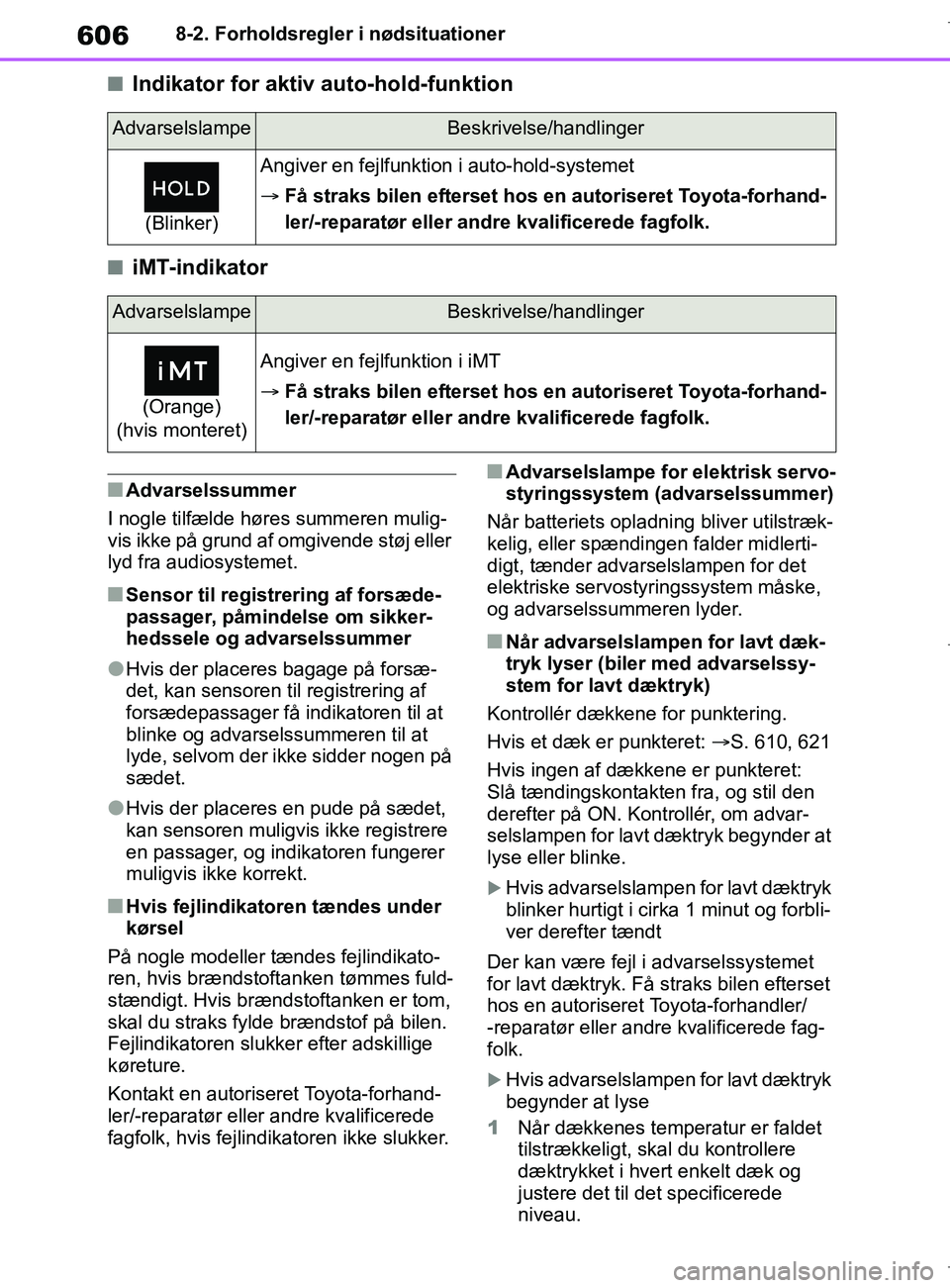 TOYOTA COROLLA HATCHBACK 2019 Brugsanvisning (in Danish) 606
COROLLA_TMUK_EE8-2. Forholdsregler i nødsituationer
nIndikator for aktiv auto-hold-funktion
niMT-indikator
nAdvarselssummer
I nogle tilfælde høres summeren mulig-
vis ikke på grund af omgivend TOYOTA COROLLA HATCHBACK 2019 Brugsanvisning (in Danish) 606
COROLLA_TMUK_EE8-2. Forholdsregler i nødsituationer
nIndikator for aktiv auto-hold-funktion
niMT-indikator
nAdvarselssummer
I nogle tilfælde høres summeren mulig-
vis ikke på grund af omgivend