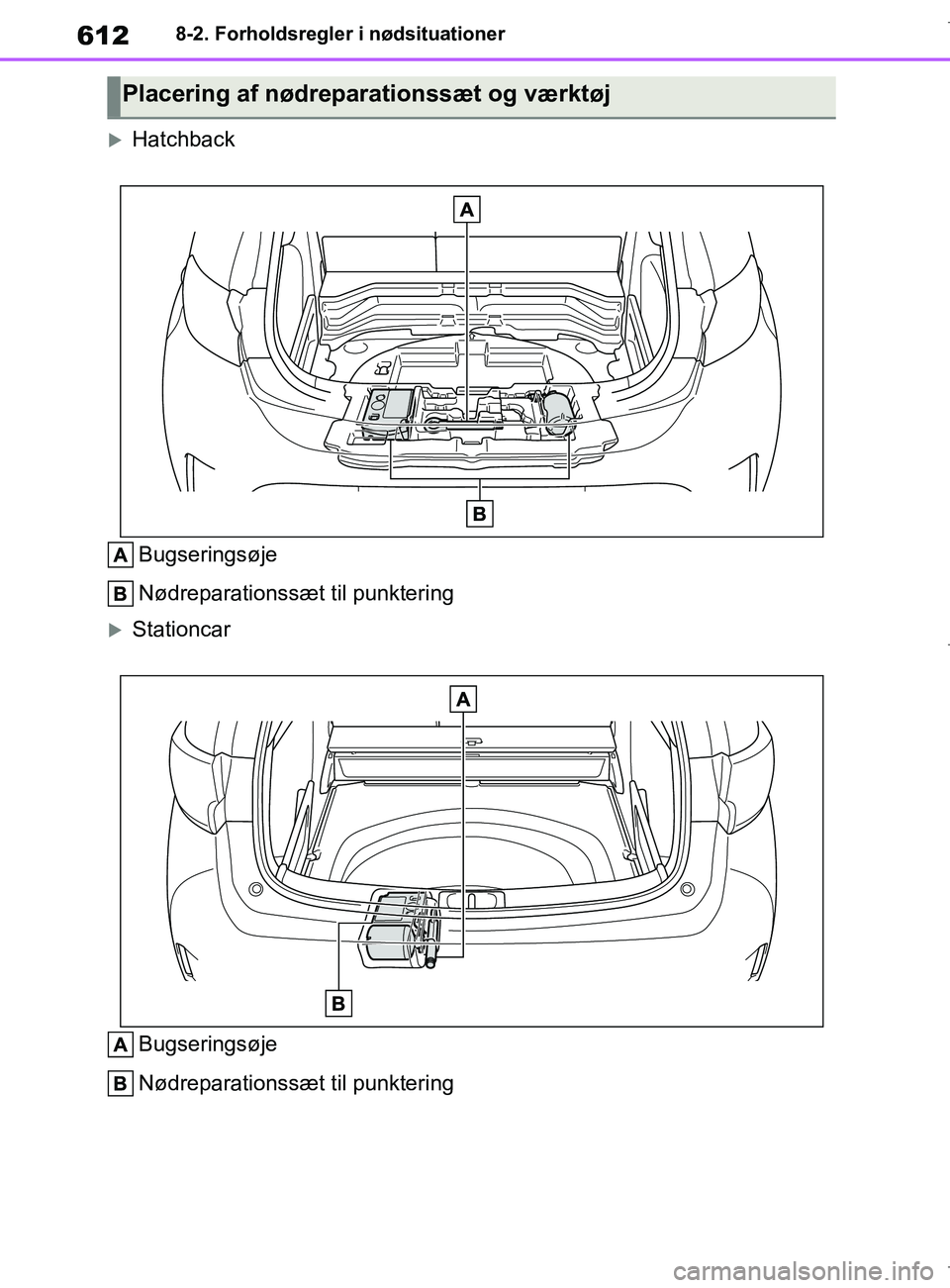 TOYOTA COROLLA HATCHBACK 2019 Brugsanvisning (in Danish) 612
COROLLA_TMUK_EE8-2. Forholdsregler i nødsituationer
Hatchback
Bugseringsøje
Nødreparationssæt til punktering
StationcarBugseringsøje
Nødreparationssæt til punktering
Placering af nød TOYOTA COROLLA HATCHBACK 2019 Brugsanvisning (in Danish) 612
COROLLA_TMUK_EE8-2. Forholdsregler i nødsituationer
Hatchback
Bugseringsøje
Nødreparationssæt til punktering
StationcarBugseringsøje
Nødreparationssæt til punktering
Placering af nød
