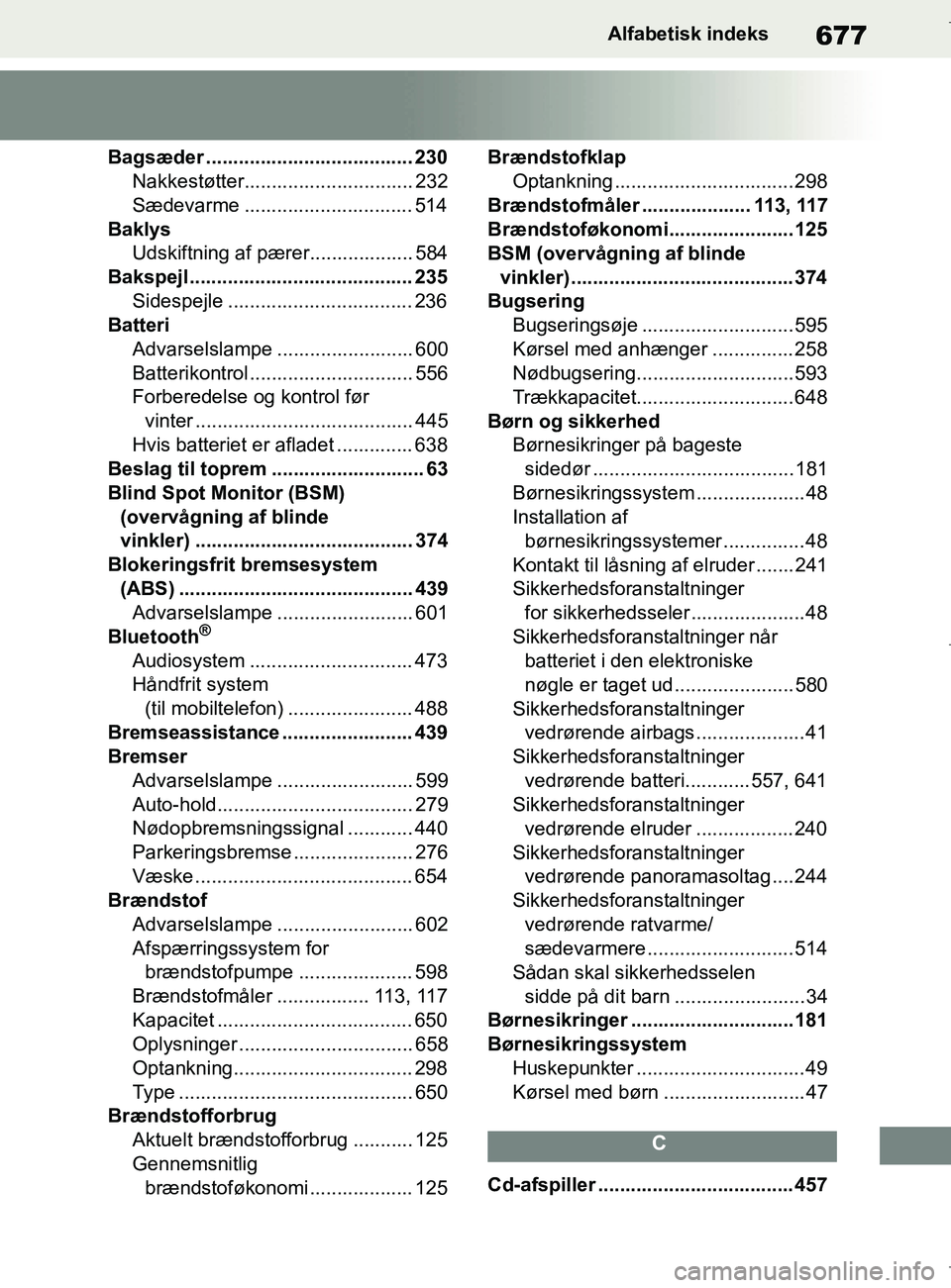 TOYOTA COROLLA HATCHBACK 2019 Brugsanvisning (in Danish) 677
COROLLA_TMUK_EEAlfabetisk indeks
Bagsæder ...................................... 230
Nakkestøtter............................... 232
Sædevarme ............................... 514
Baklys Udskift TOYOTA COROLLA HATCHBACK 2019 Brugsanvisning (in Danish) 677
COROLLA_TMUK_EEAlfabetisk indeks
Bagsæder ...................................... 230
Nakkestøtter............................... 232
Sædevarme ............................... 514
Baklys Udskift