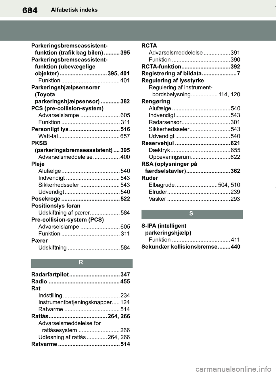 TOYOTA COROLLA HATCHBACK 2019 Brugsanvisning (in Danish) 684
COROLLA_TMUK_EEAlfabetisk indeks
Parkeringsbremseassistent- funktion (trafik bag bilen) .......... 395
Parkeringsbremseassistent- funktion (ubevægelige
objekter) .............................. 3 TOYOTA COROLLA HATCHBACK 2019 Brugsanvisning (in Danish) 684
COROLLA_TMUK_EEAlfabetisk indeks
Parkeringsbremseassistent- funktion (trafik bag bilen) .......... 395
Parkeringsbremseassistent- funktion (ubevægelige
objekter) .............................. 3