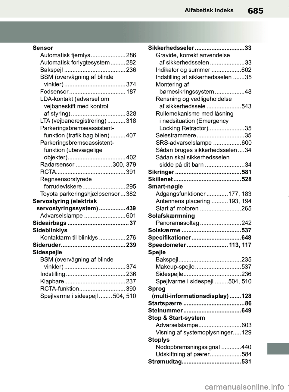 TOYOTA COROLLA HATCHBACK 2019 Brugsanvisning (in Danish) 685
COROLLA_TMUK_EEAlfabetisk indeks
Sensor
Automatisk fjernlys ..................... 286
Automatisk forlyg tesystem ......... 282
Bakspejl ..................................... 236
BSM (overvågning TOYOTA COROLLA HATCHBACK 2019 Brugsanvisning (in Danish) 685
COROLLA_TMUK_EEAlfabetisk indeks
Sensor
Automatisk fjernlys ..................... 286
Automatisk forlyg tesystem ......... 282
Bakspejl ..................................... 236
BSM (overvågning