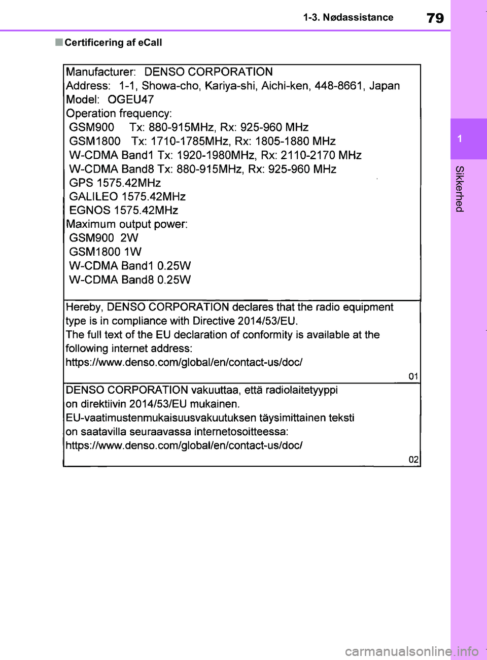 TOYOTA COROLLA HATCHBACK 2019 Brugsanvisning (in Danish) 79
1
COROLLA_TMUK_EE 1-3. Nødassistance
Sikkerhed
nCertificering af eCall
OM12L25DK.book Page 79 Wednesday, April 10, 2019 9:44 AM TOYOTA COROLLA HATCHBACK 2019 Brugsanvisning (in Danish) 79
1
COROLLA_TMUK_EE 1-3. Nødassistance
Sikkerhed
nCertificering af eCall
OM12L25DK.book Page 79 Wednesday, April 10, 2019 9:44 AM