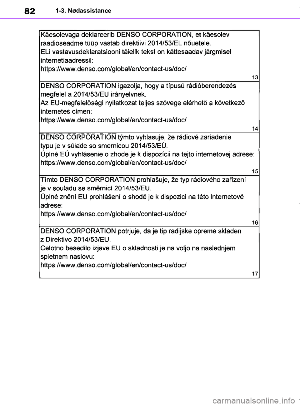 TOYOTA COROLLA HATCHBACK 2019  Brugsanvisning (in Danish) 82
COROLLA_TMUK_EE1-3. Nødassistance
OM12L25DK.book  Page 82  Wednesday, April 10, 2019  9:44 AM 